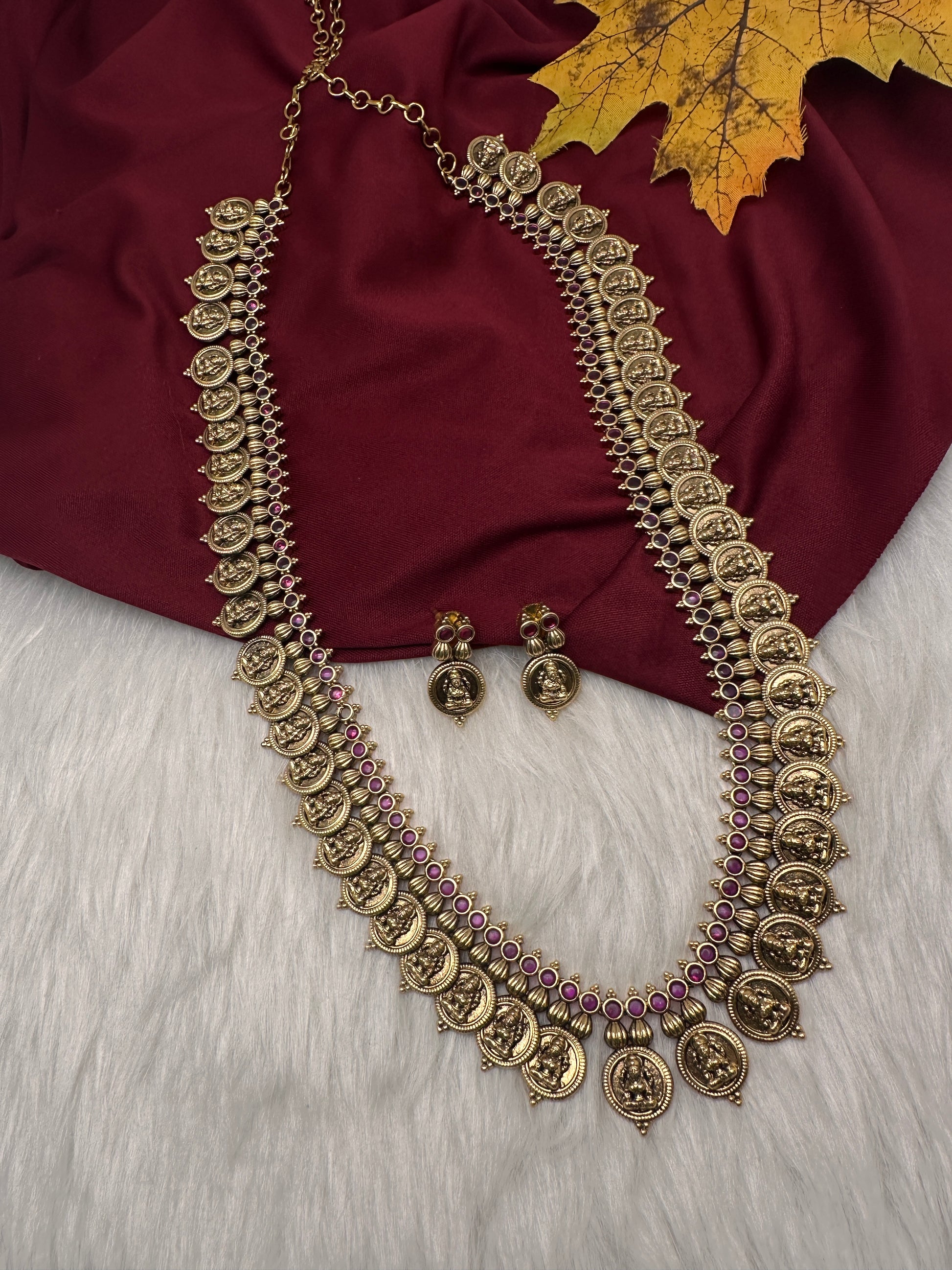 Matte Goddess Lakshmi Kassu Coin Long Antique Matte Necklace - 
