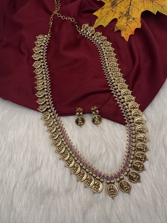 Matte Goddess Lakshmi Kassu Coin Long Antique Matte Necklace - 