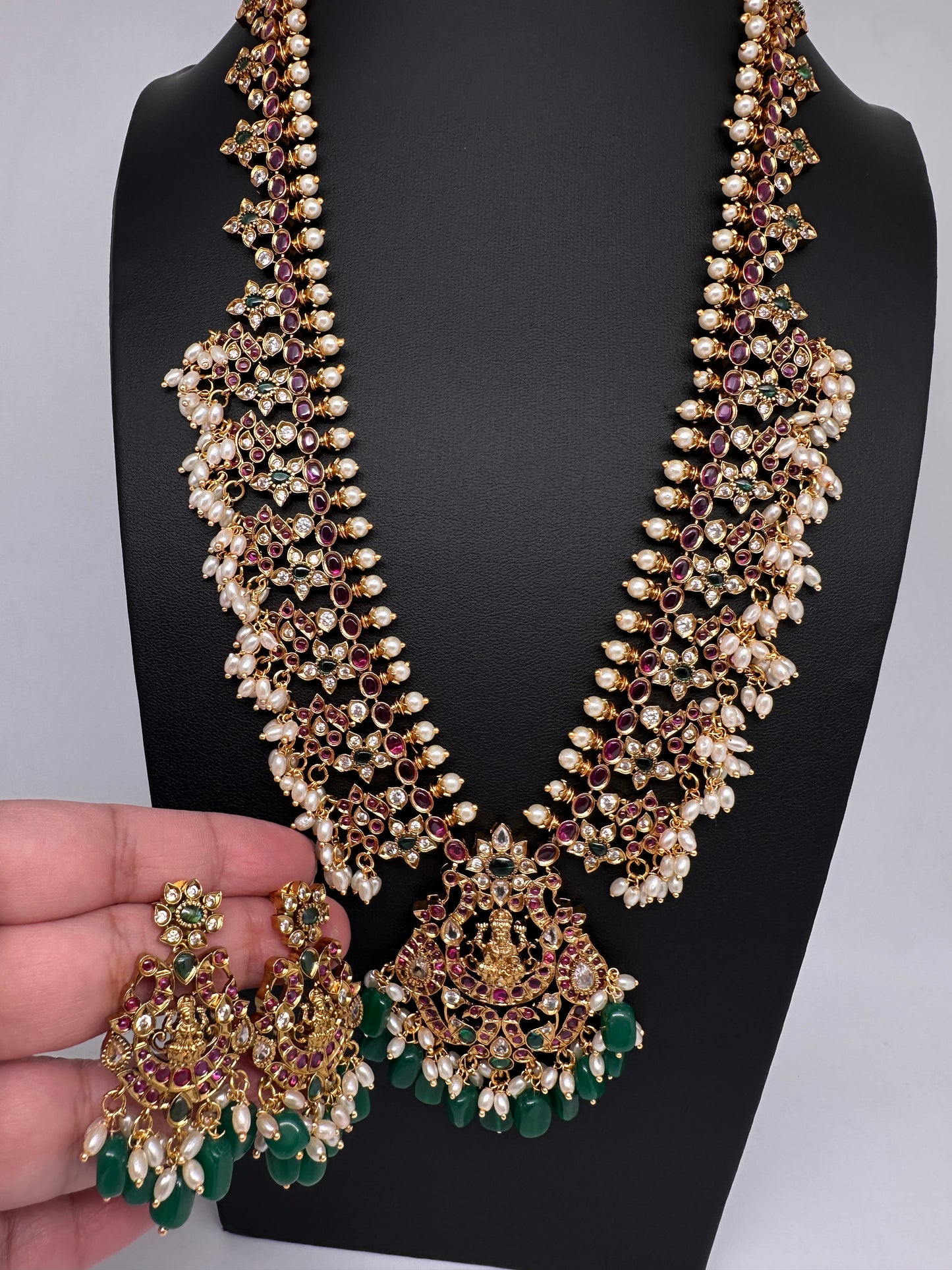 Matte Kempu Floral Goddesss Lakshmi Long Necklace - 