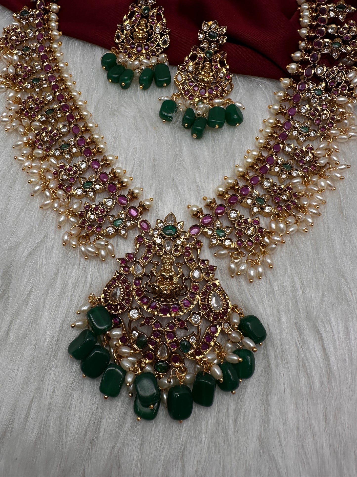 Matte Kempu Floral Goddesss Lakshmi Long Necklace - 