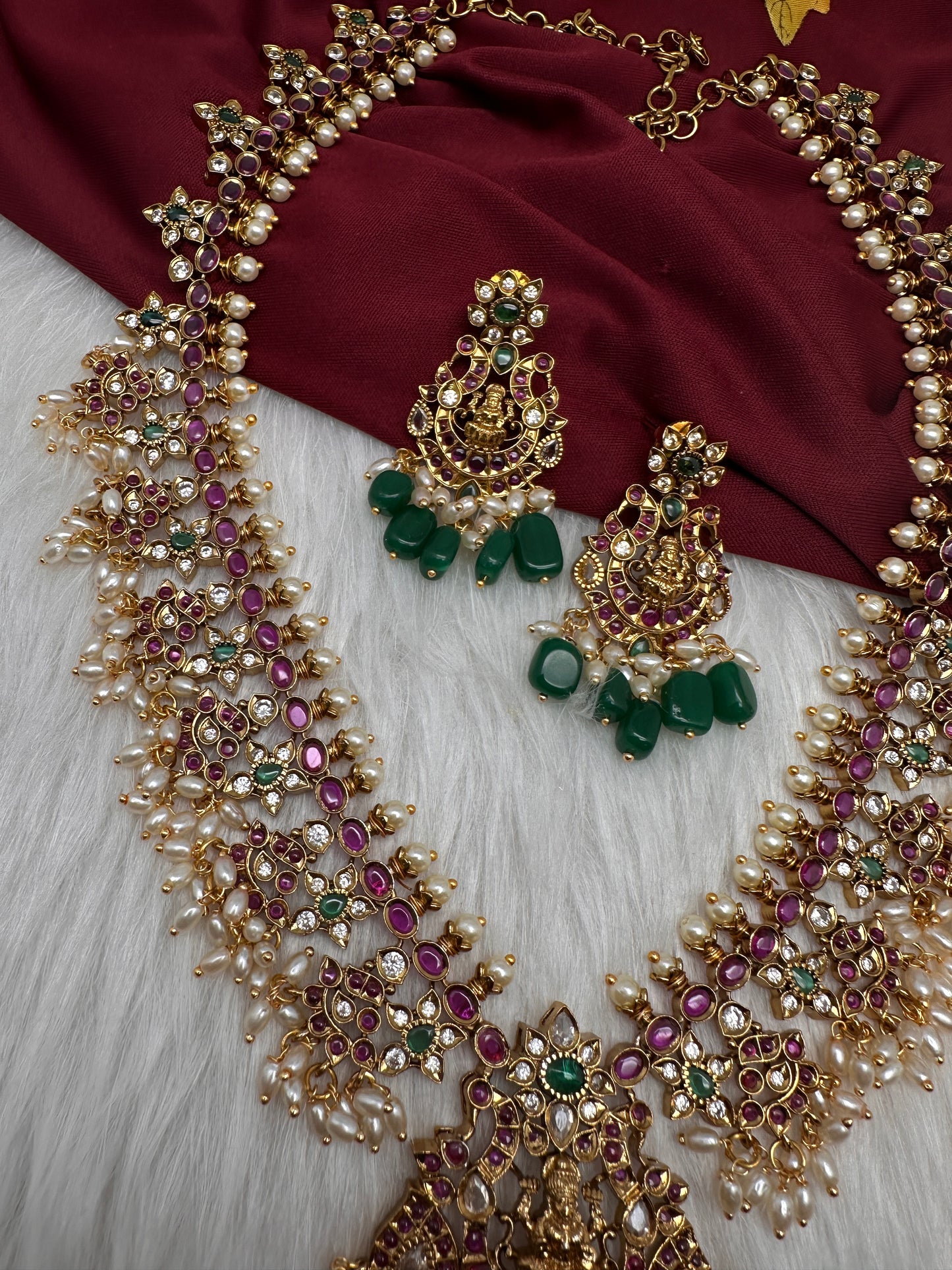 Matte Kempu Floral Goddesss Lakshmi Long Necklace - 