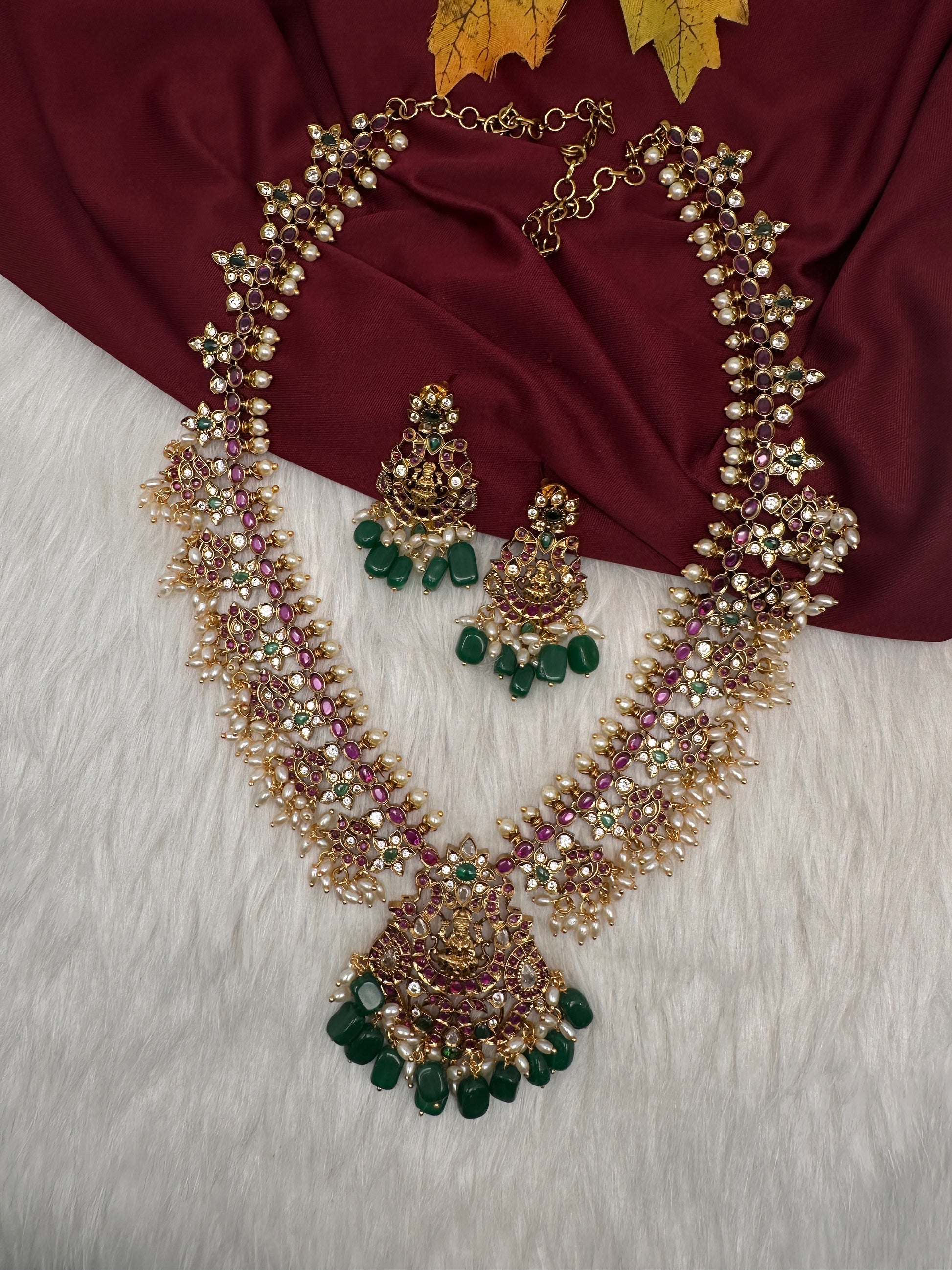 Matte Kempu Floral Goddesss Lakshmi Long Necklace - 