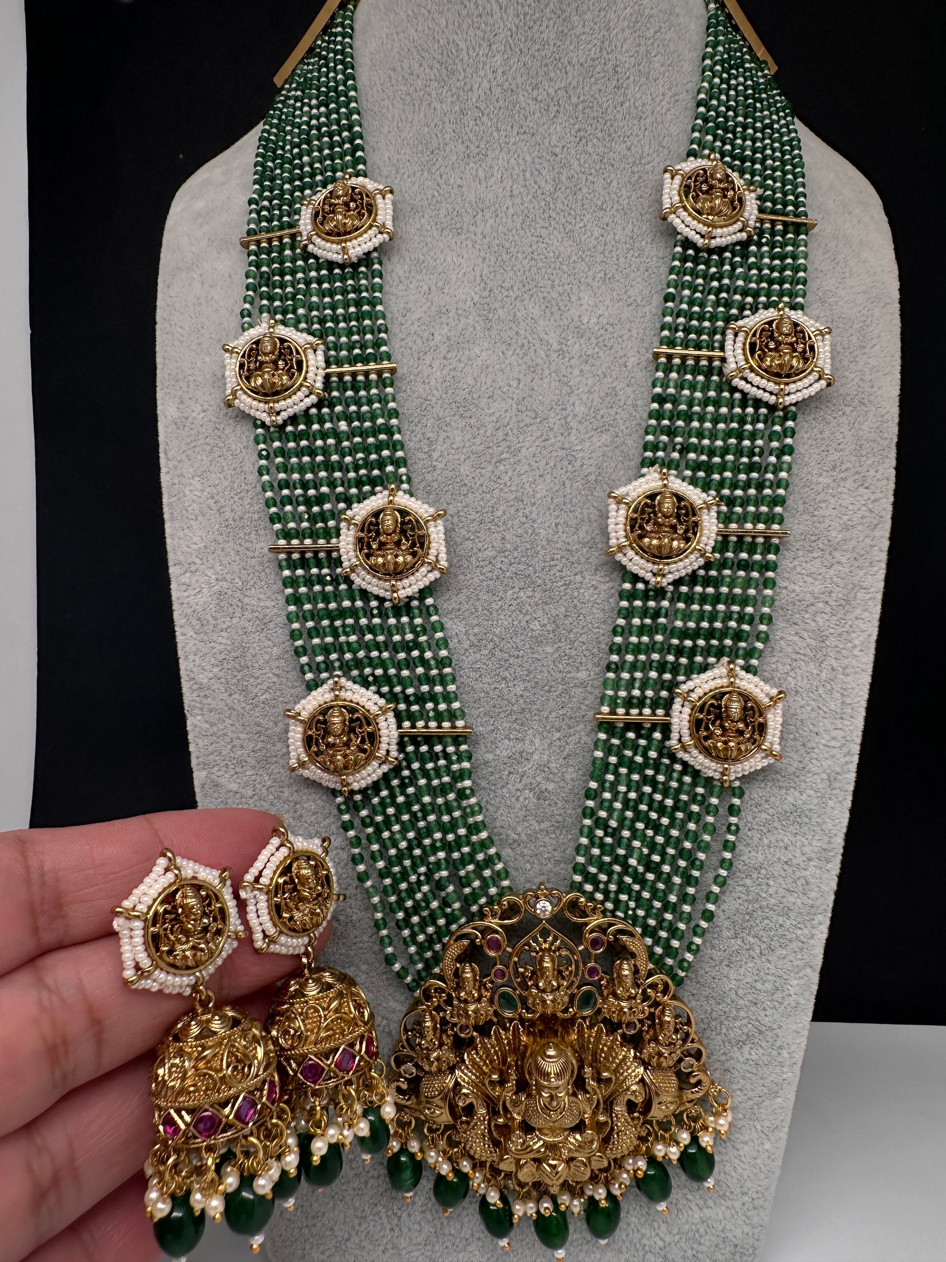 Goddess Lakshmi Beads Harram with Jhumkas - Green