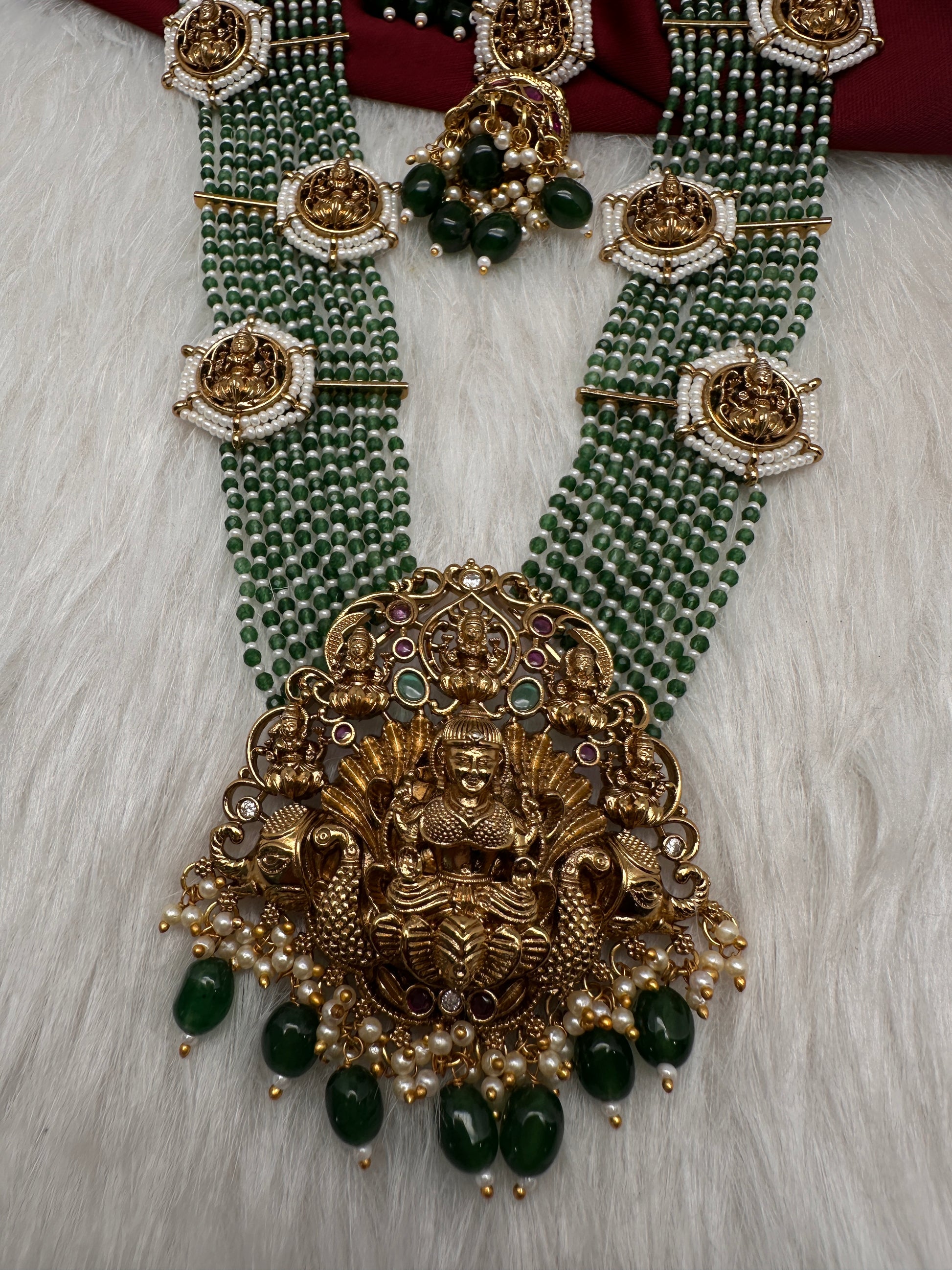 Goddess Lakshmi Beads Harram with Jhumkas - Green