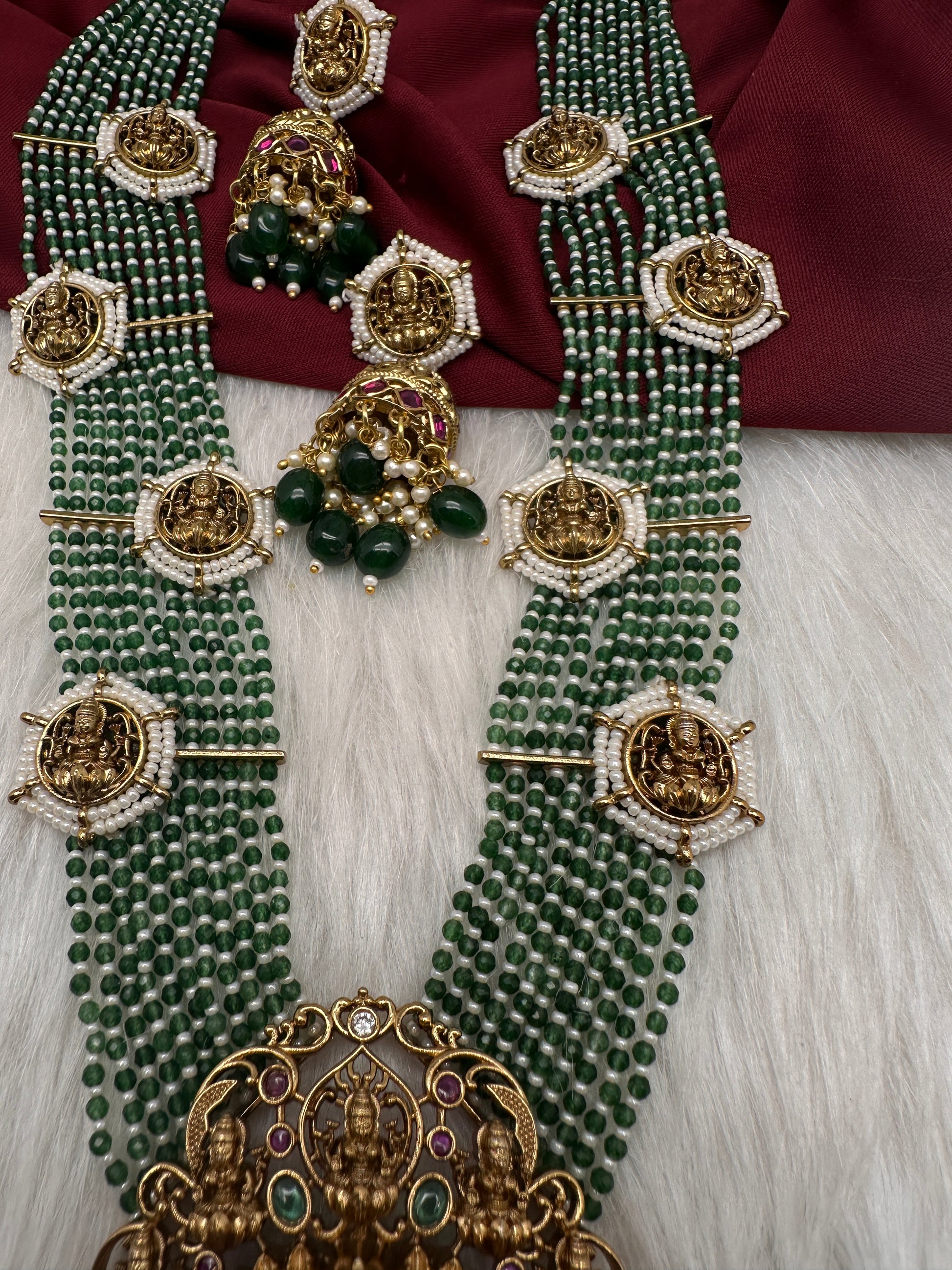 Goddess Lakshmi Beads Harram with Jhumkas - Green