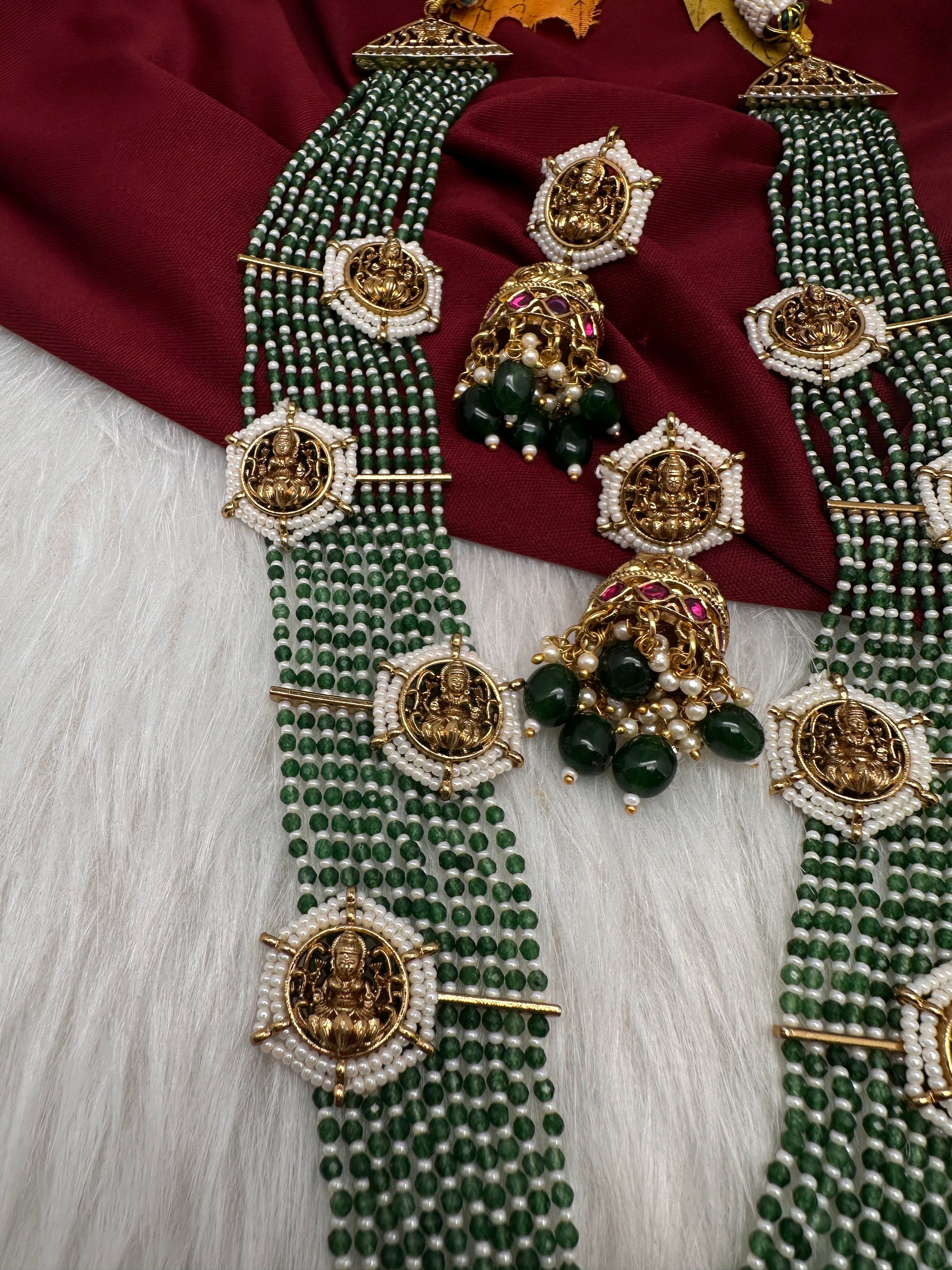 Goddess Lakshmi Beads Harram with Jhumkas - Green