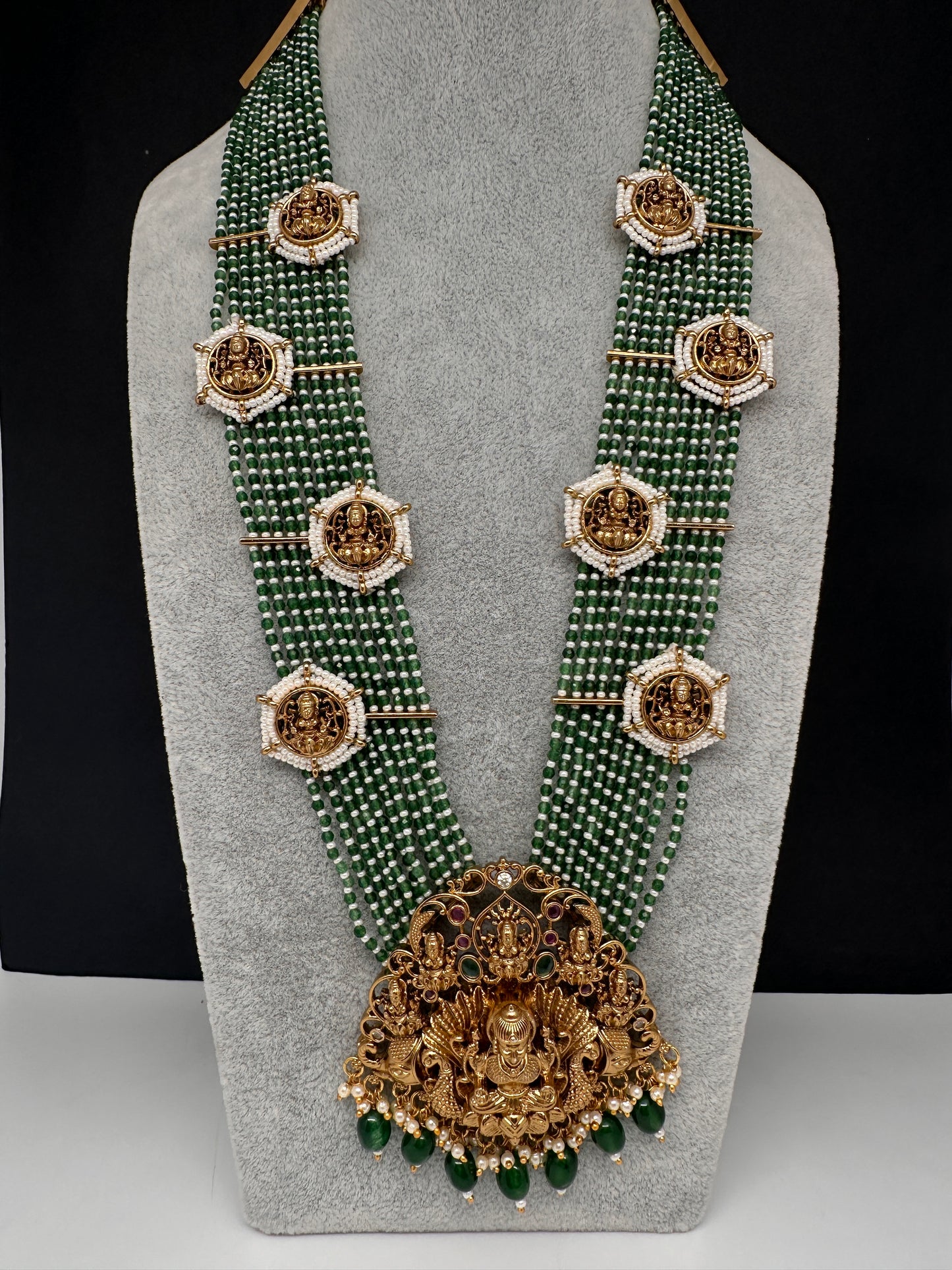 Goddess Lakshmi Beads Harram with Jhumkas - Green