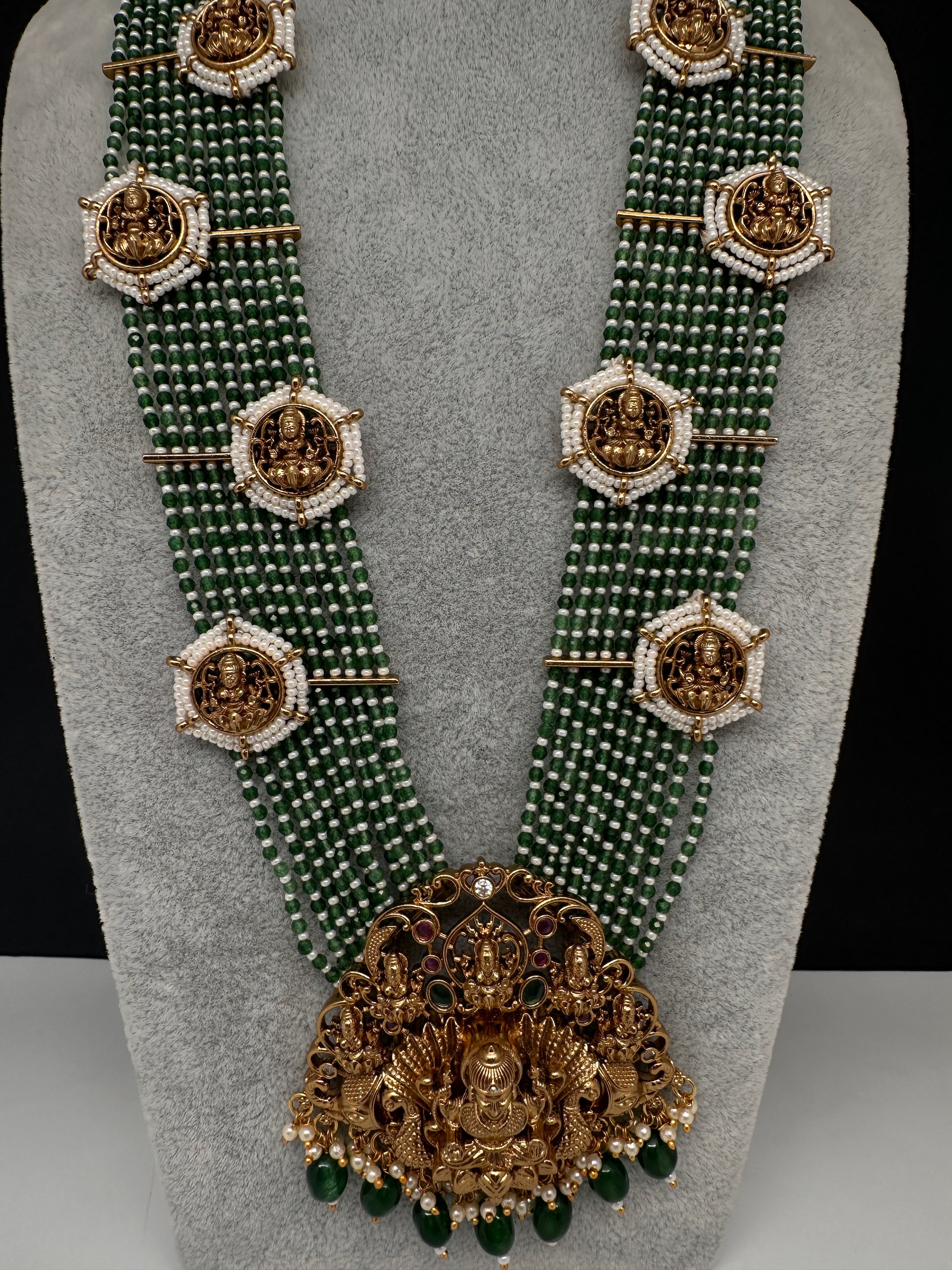 Goddess Lakshmi Beads Harram with Jhumkas - Green