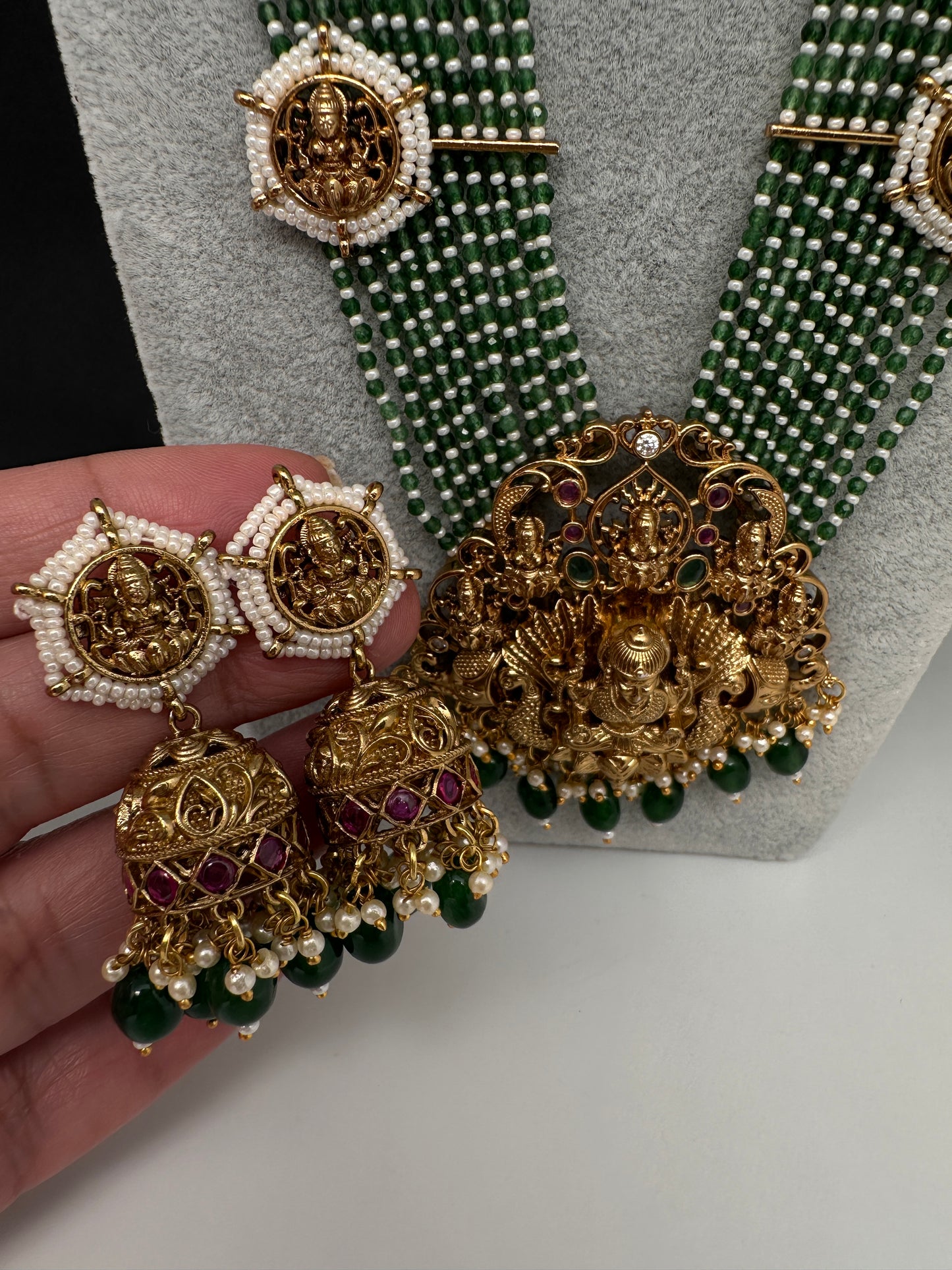 Goddess Lakshmi Beads Harram with Jhumkas - Green