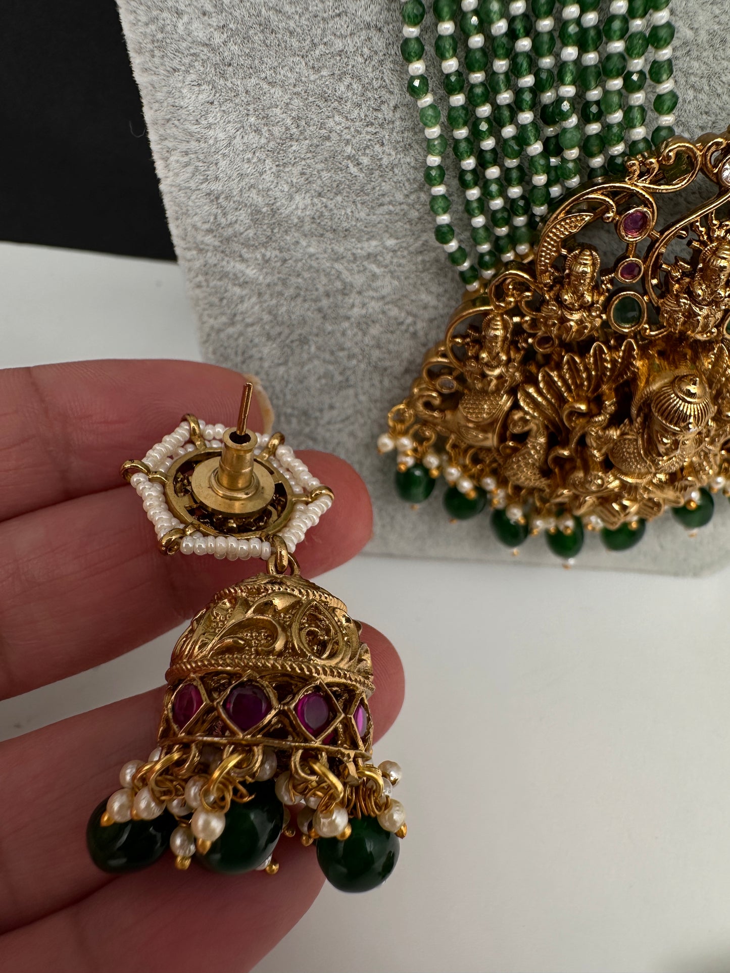 Goddess Lakshmi Beads Harram with Jhumkas - Green