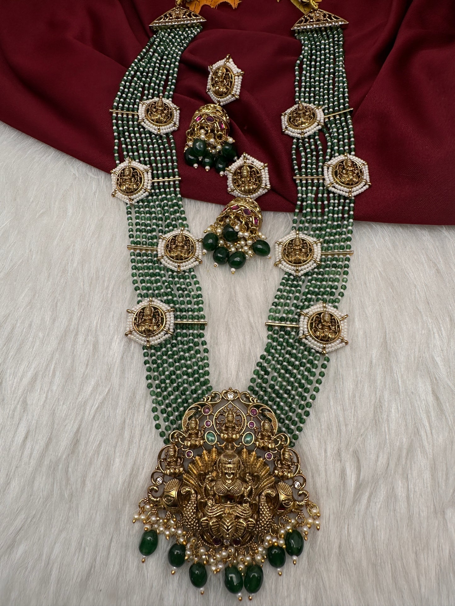 Goddess Lakshmi Beads Harram with Jhumkas - Green