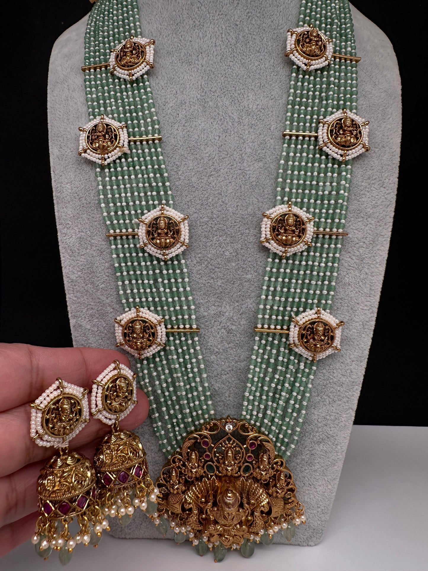 Goddess Lakshmi Beads Harram with Jhumkas - MintGreen