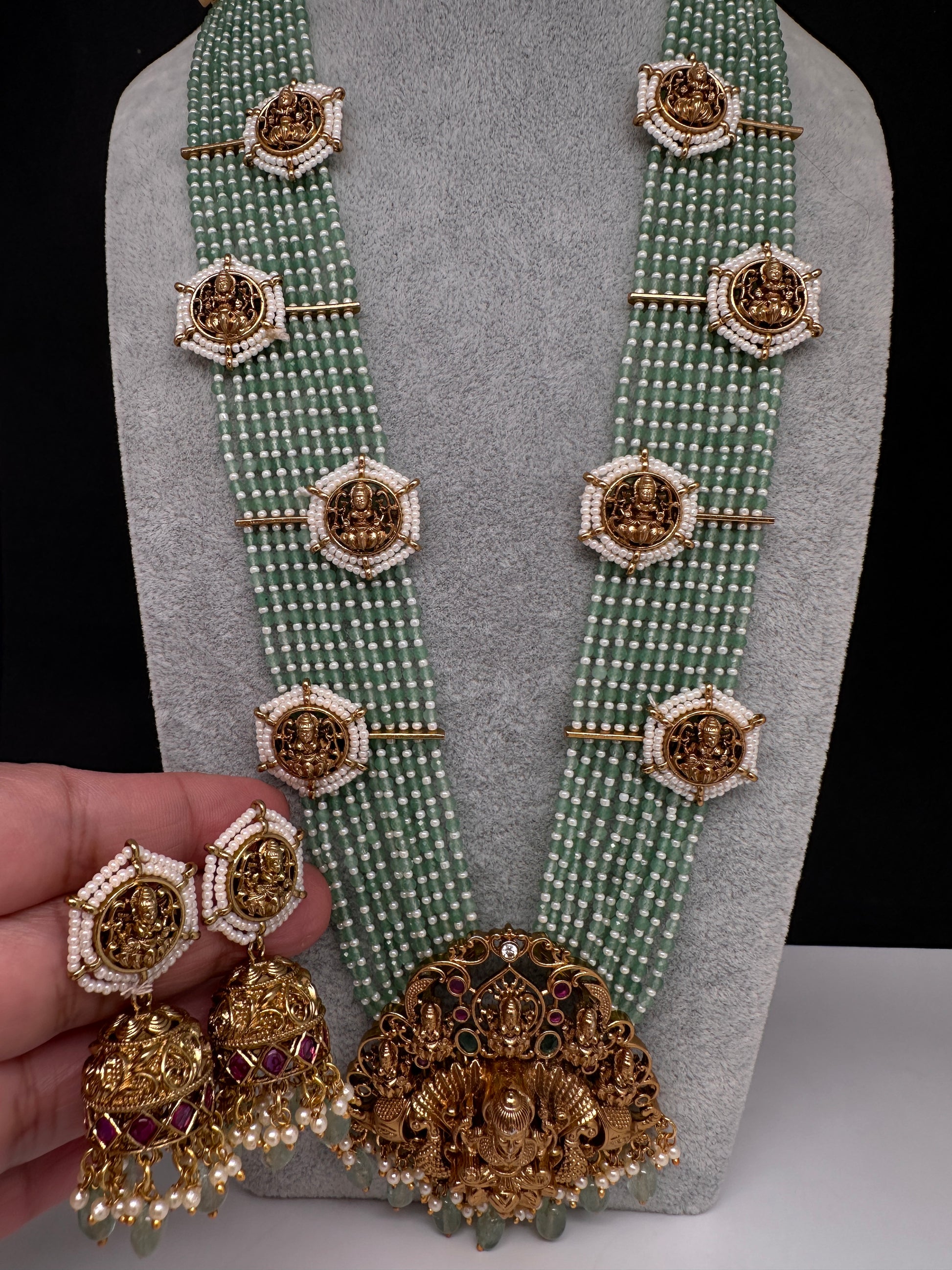 Goddess Lakshmi Beads Harram with Jhumkas - MintGreen