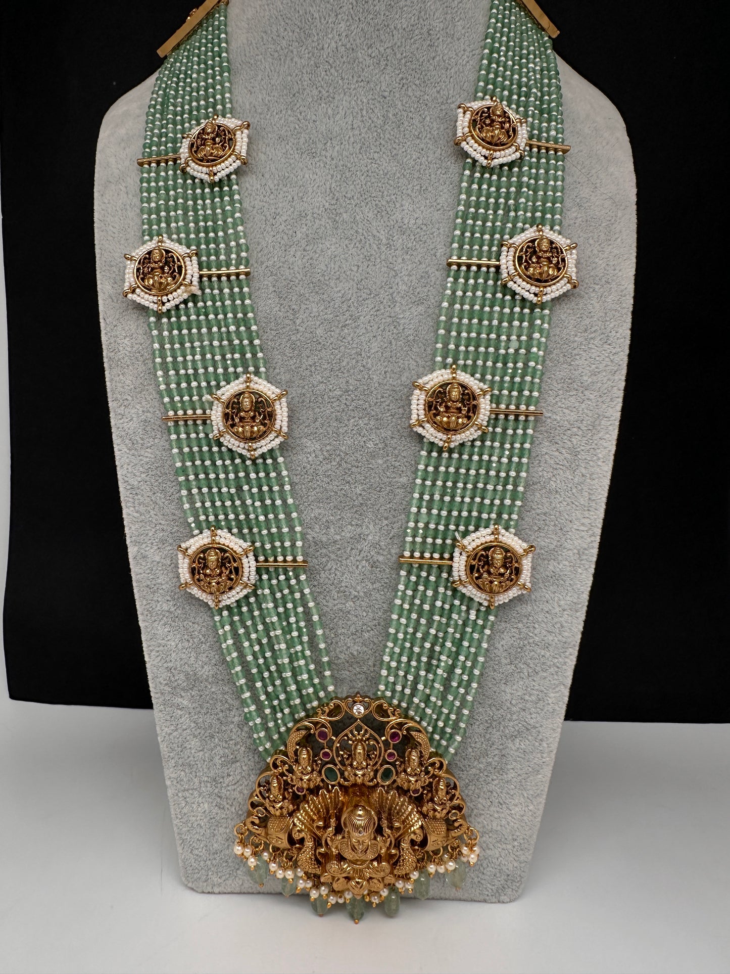 Goddess Lakshmi Beads Harram with Jhumkas - MintGreen