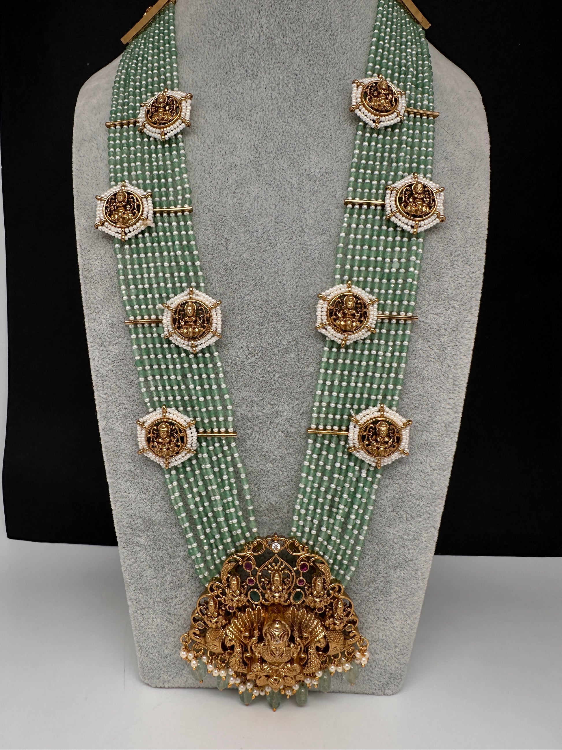 Goddess Lakshmi Beads Harram with Jhumkas - MintGreen