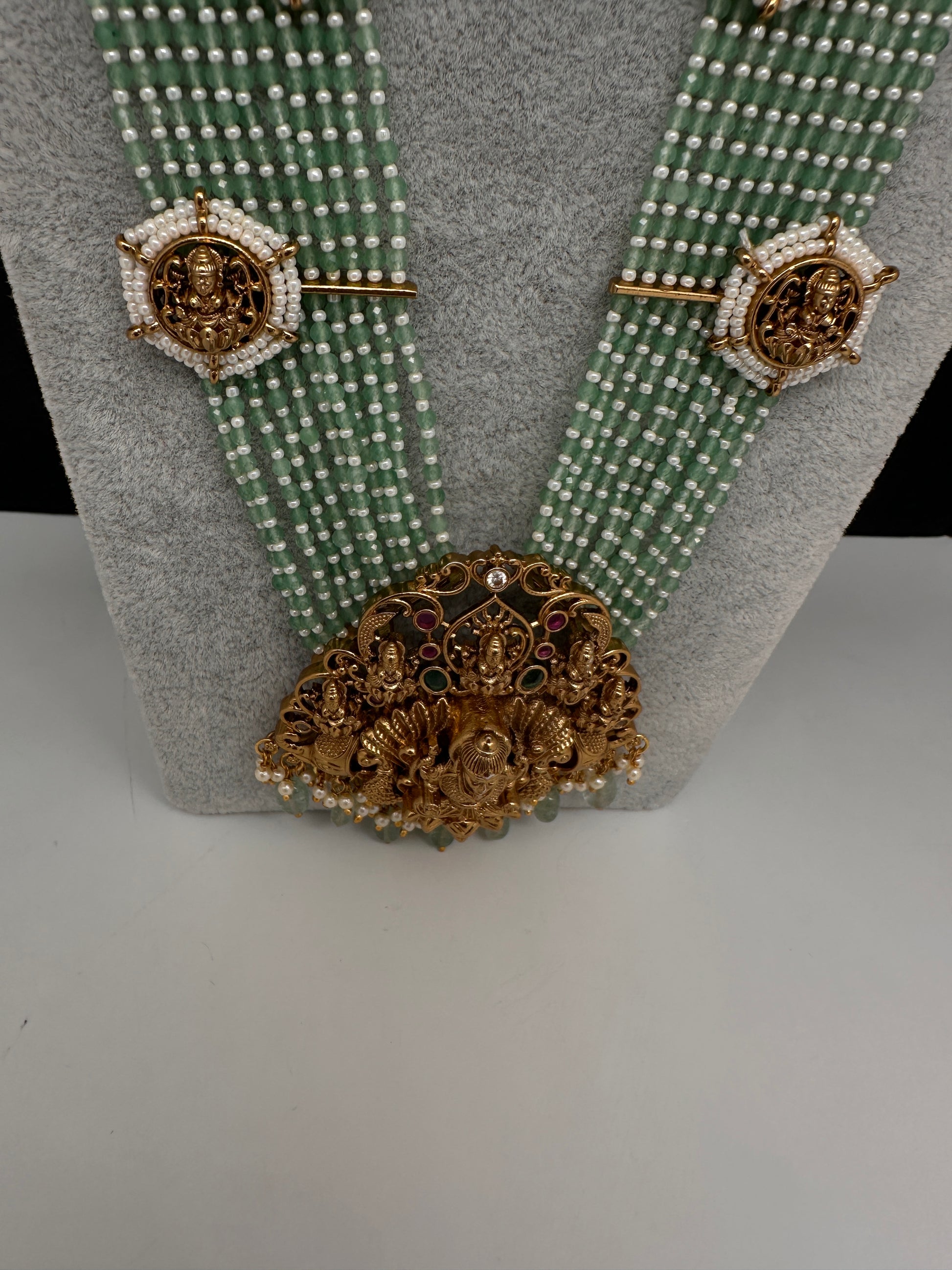 Goddess Lakshmi Beads Harram with Jhumkas - MintGreen