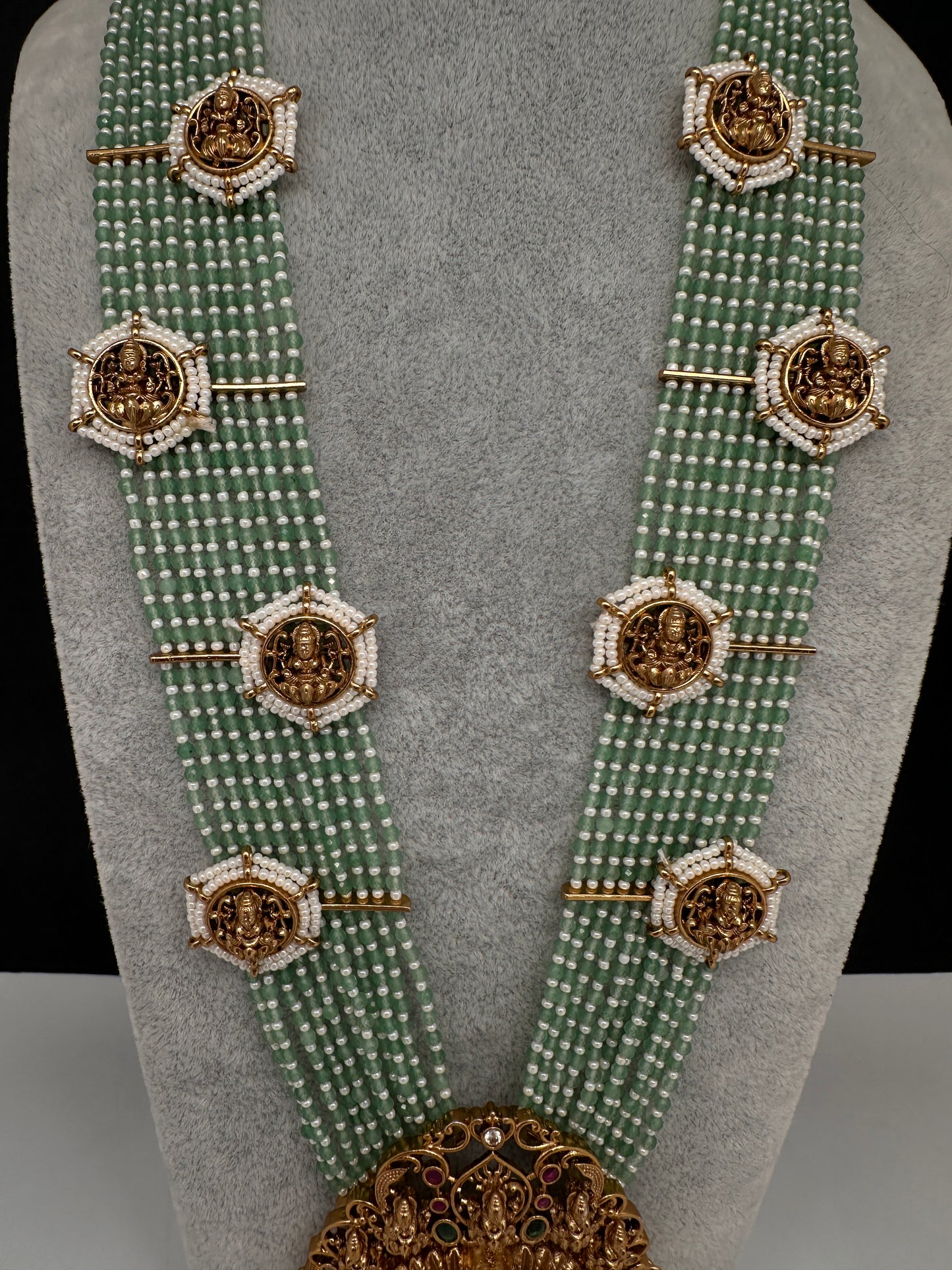 Goddess Lakshmi Beads Harram with Jhumkas - MintGreen