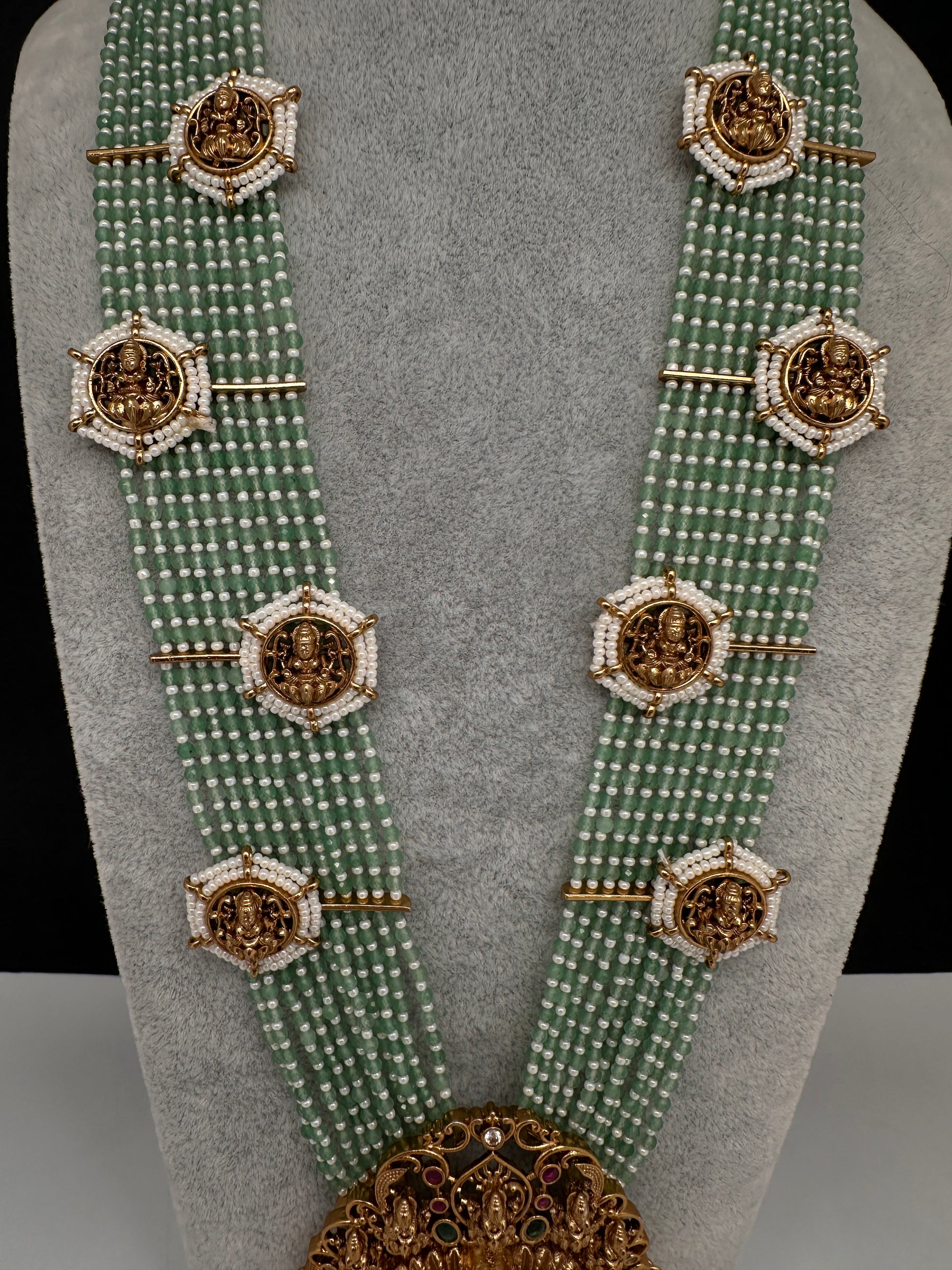 Goddess Lakshmi Beads Harram with Jhumkas - MintGreen