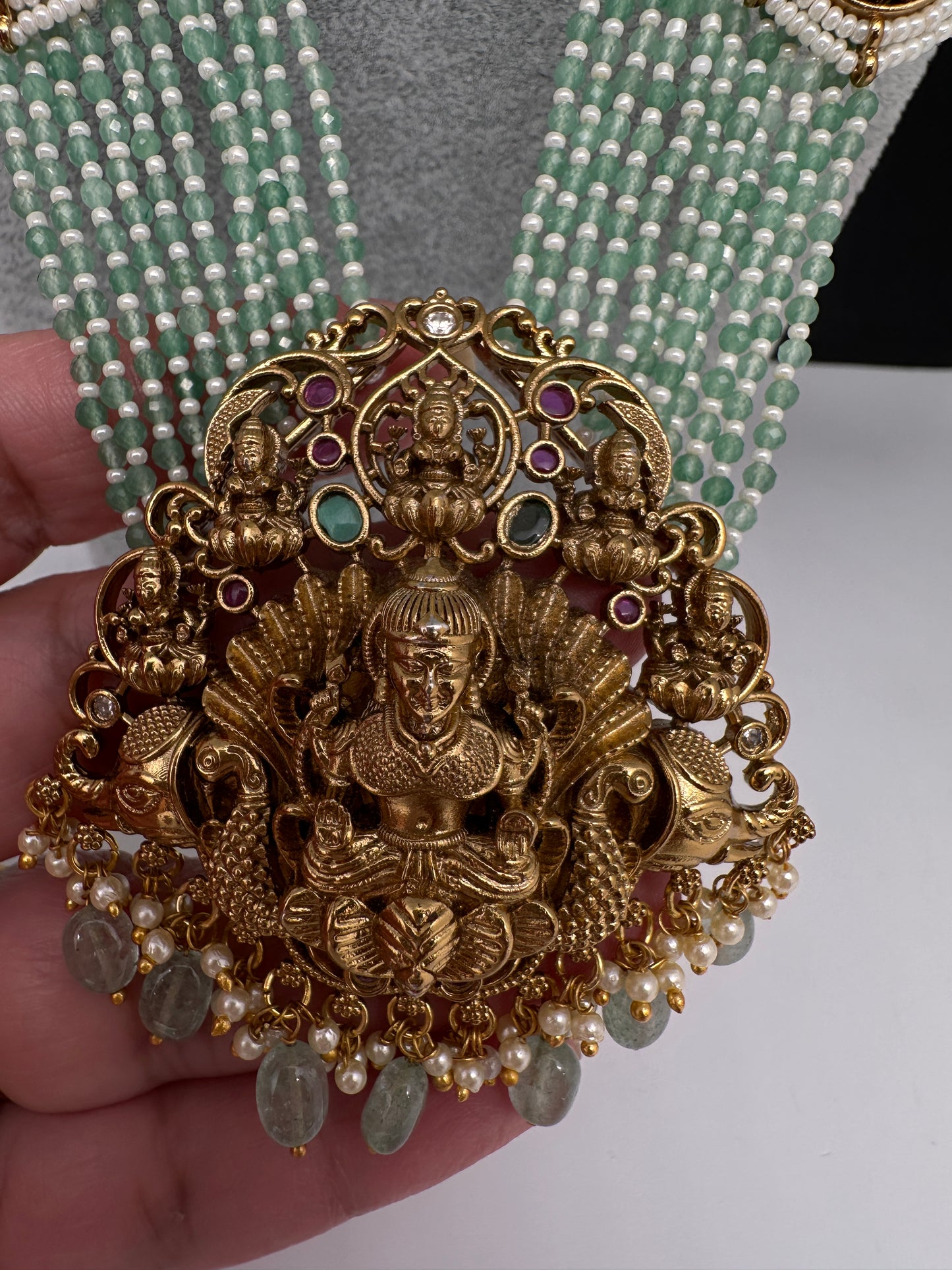 Goddess Lakshmi Beads Harram with Jhumkas - MintGreen