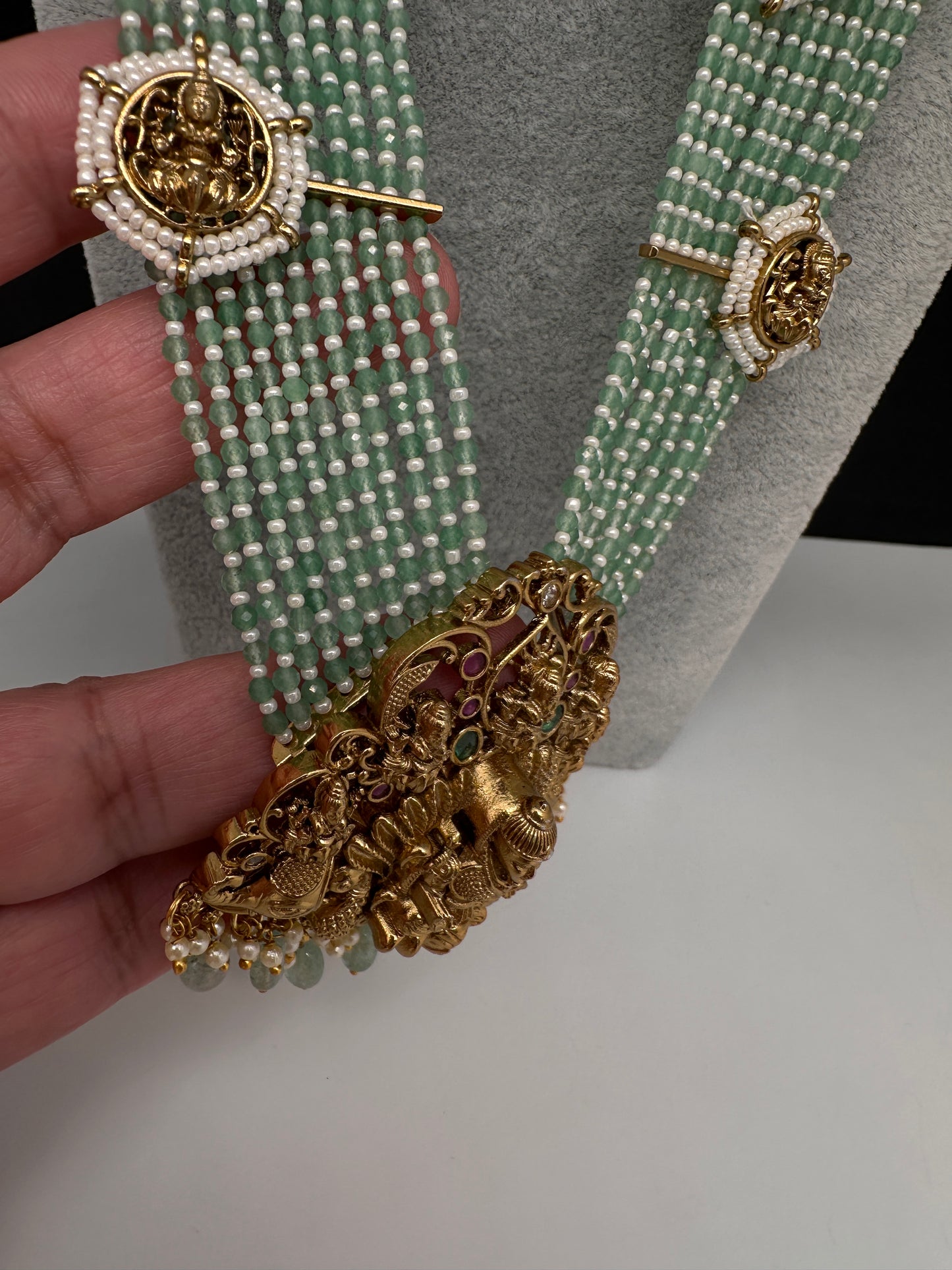Goddess Lakshmi Beads Harram with Jhumkas - MintGreen