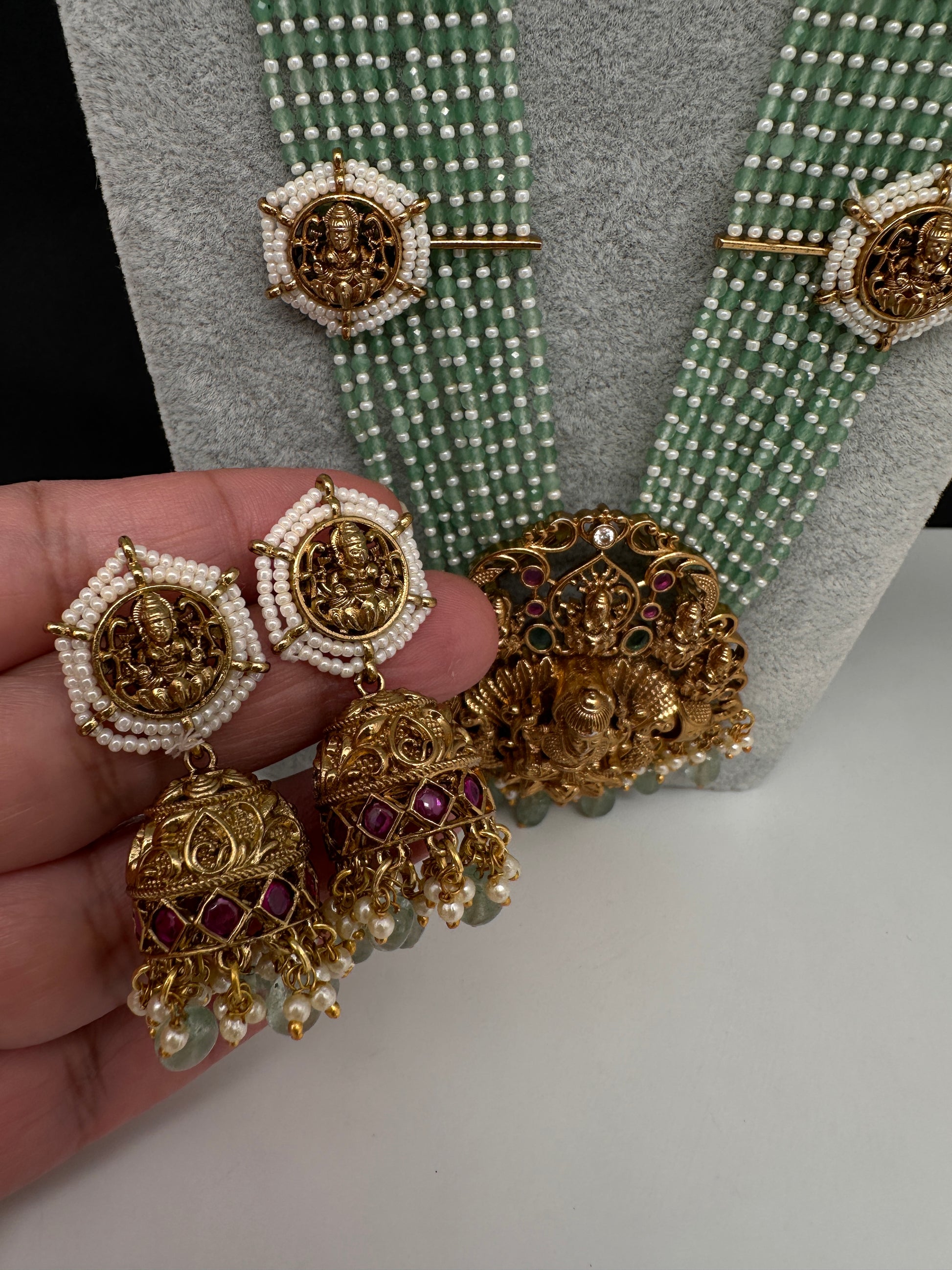 Goddess Lakshmi Beads Harram with Jhumkas - MintGreen
