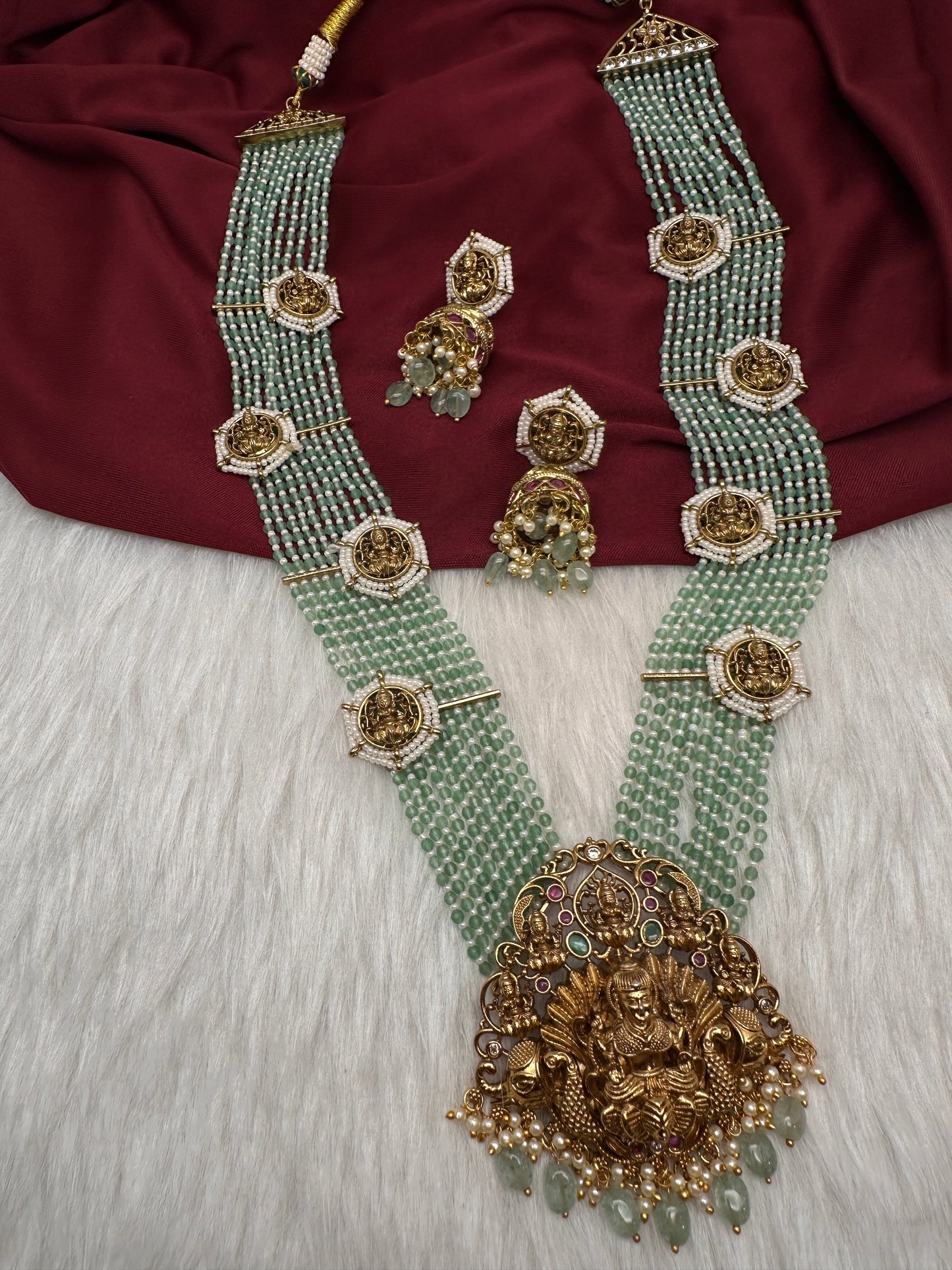 Goddess Lakshmi Beads Harram with Jhumkas - MintGreen