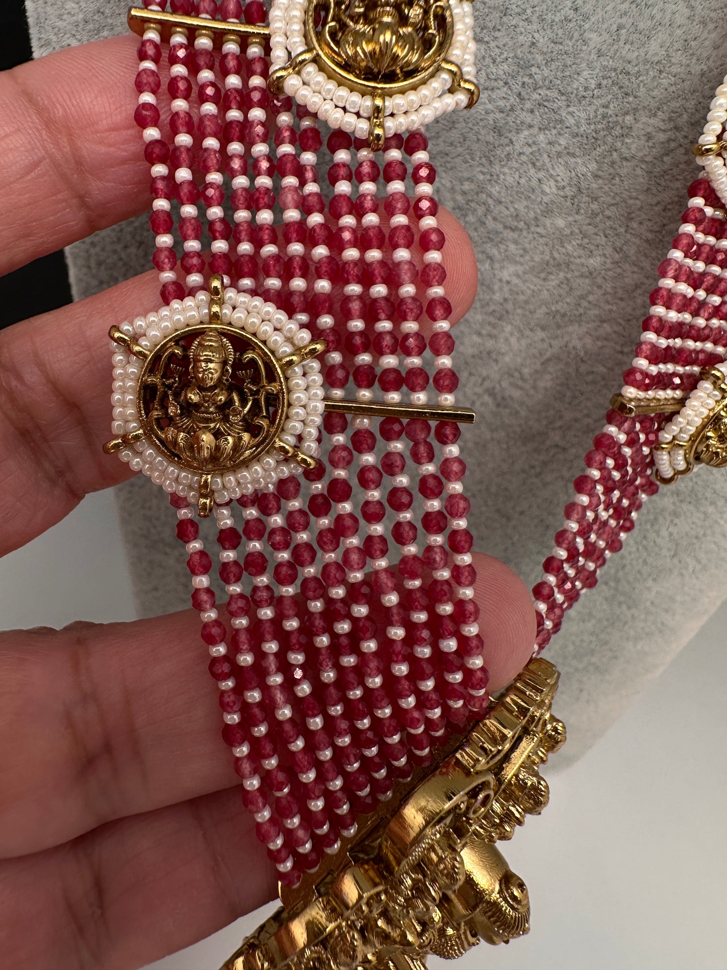 Goddess Lakshmi Beads Harram with Jhumkas - Red