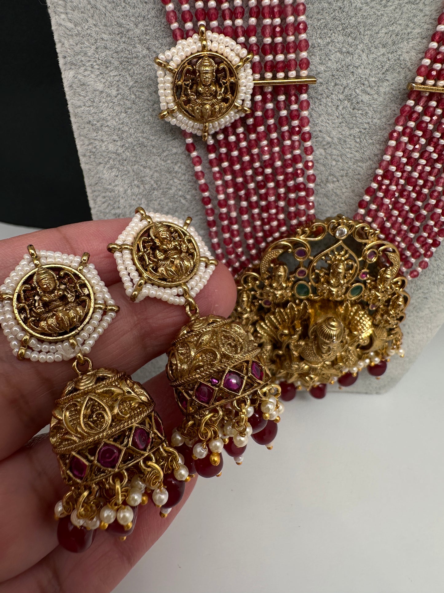 Goddess Lakshmi Beads Harram with Jhumkas - Red