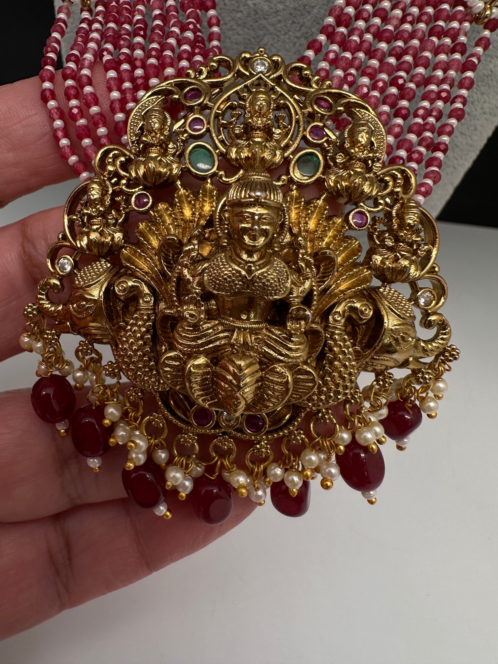 Goddess Lakshmi Beads Harram with Jhumkas - Red