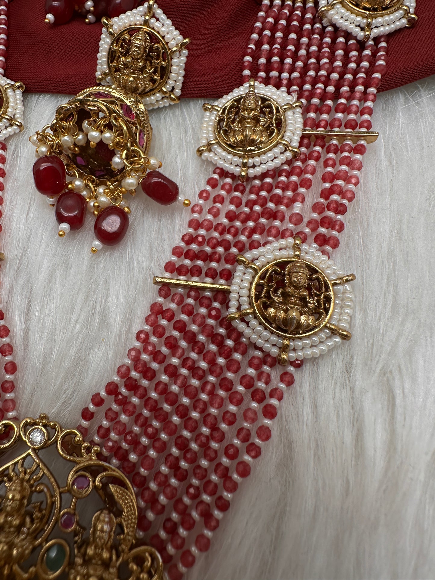 Goddess Lakshmi Beads Harram with Jhumkas - Red