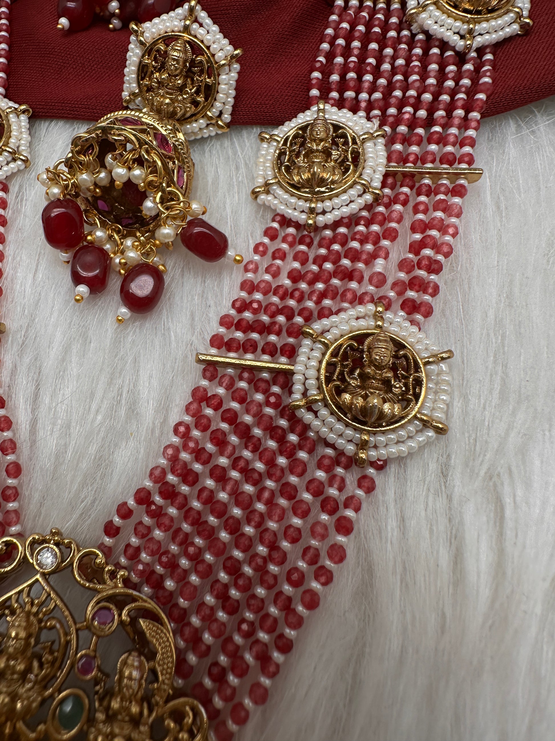 Goddess Lakshmi Beads Harram with Jhumkas - Red