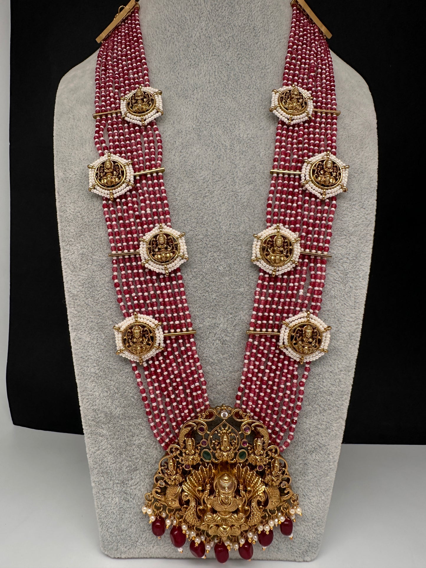 Goddess Lakshmi Beads Harram with Jhumkas - Red
