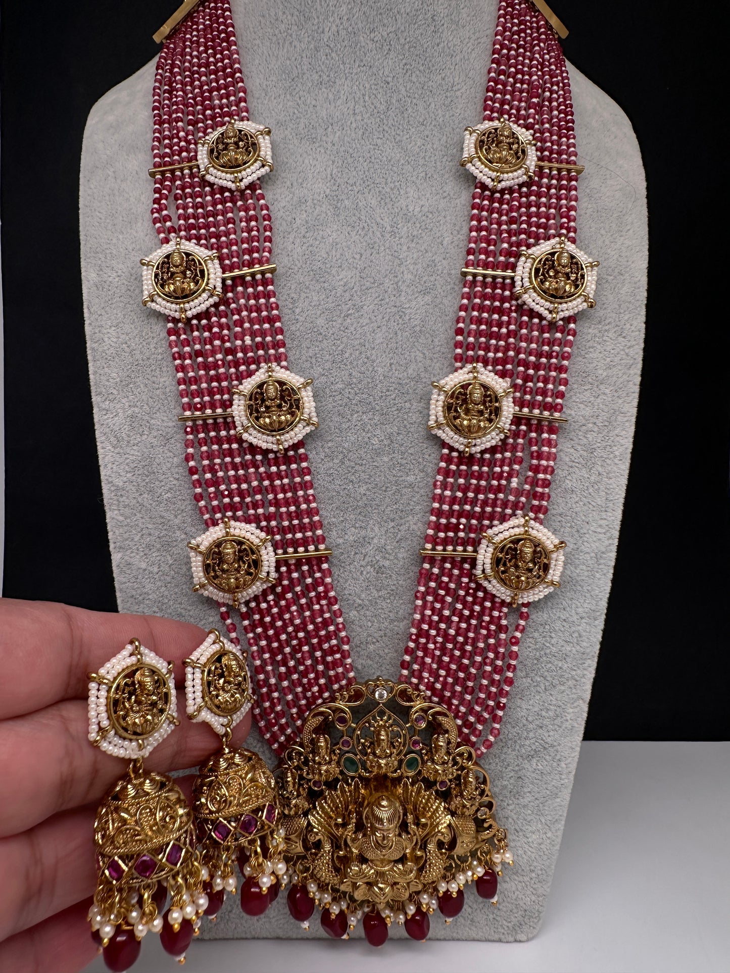 Goddess Lakshmi Beads Harram with Jhumkas - Red