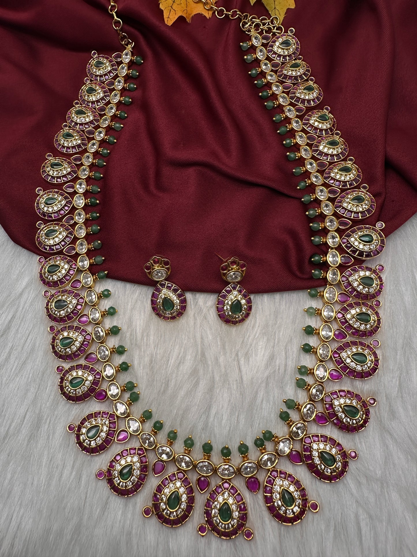 Matte Kempu Long Red Green Potta Stones Necklace - 
