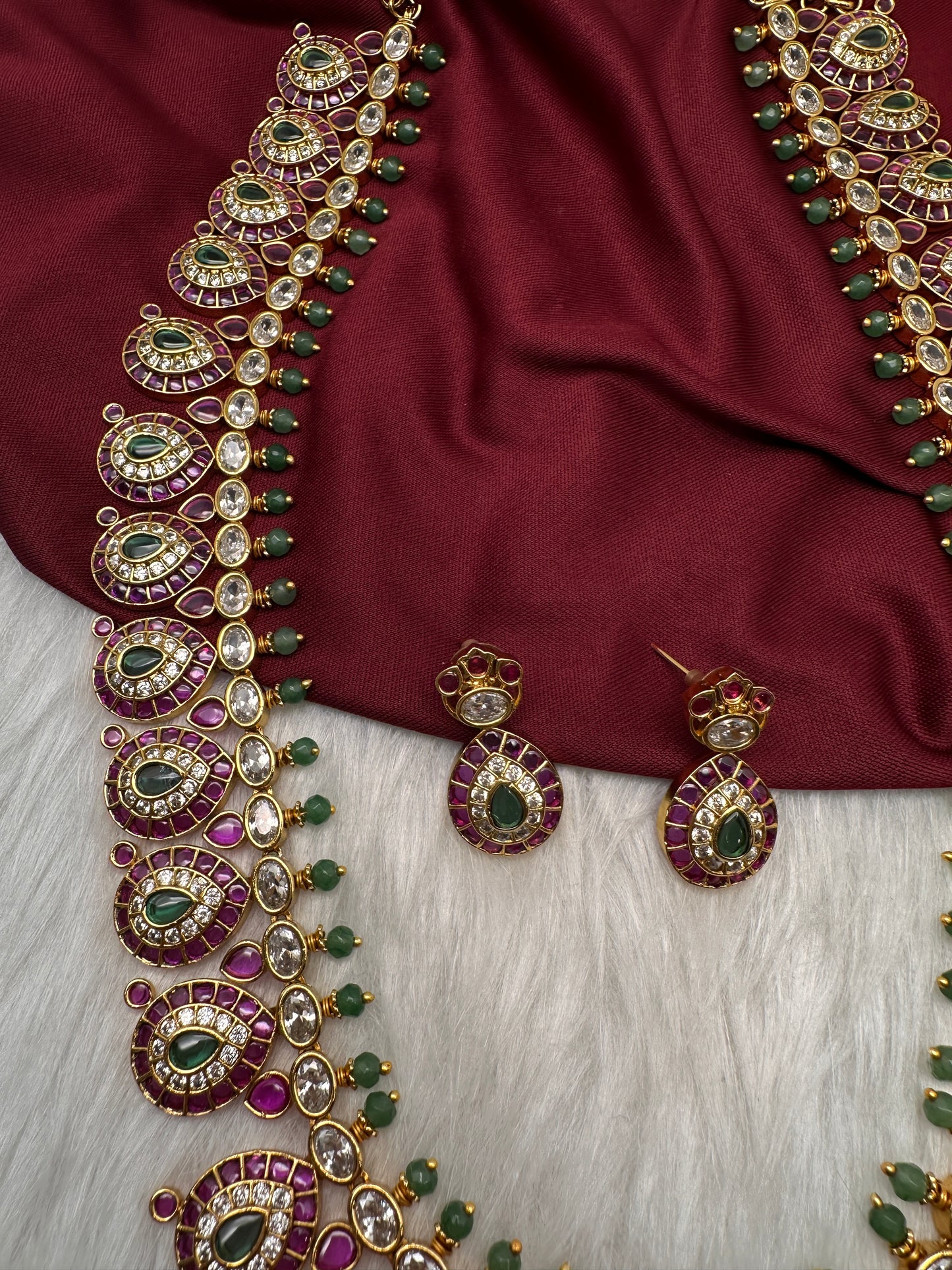 Matte Kempu Long Red Green Potta Stones Necklace - 