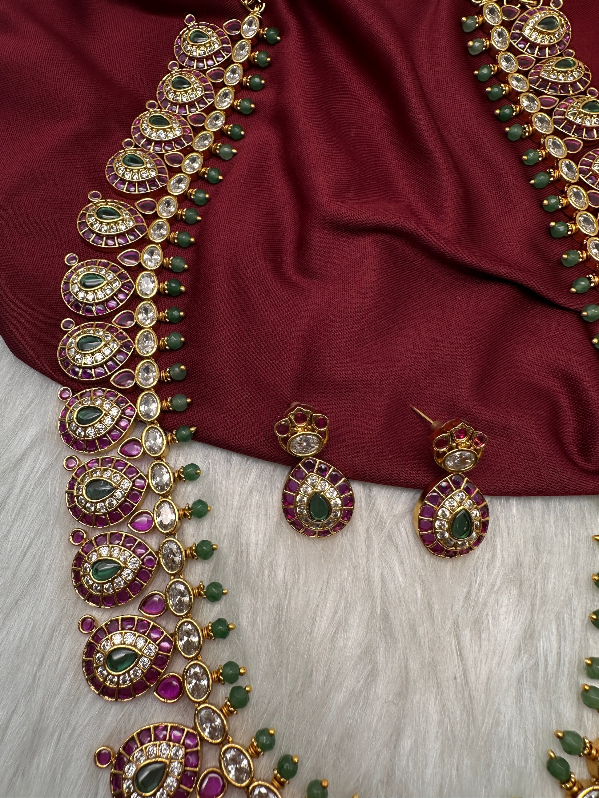 Matte Kempu Long Red Green Potta Stones Necklace - 