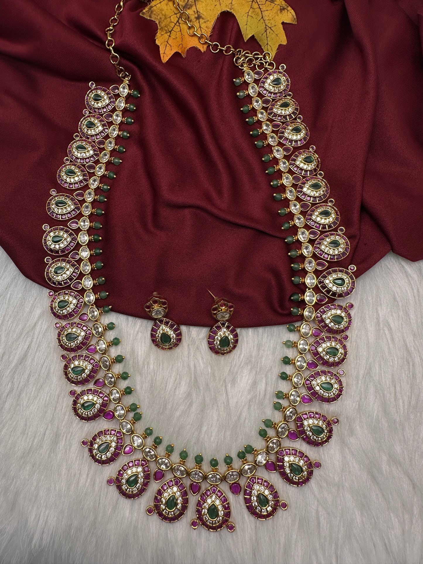 Matte Kempu Long Red Green Potta Stones Necklace - 
