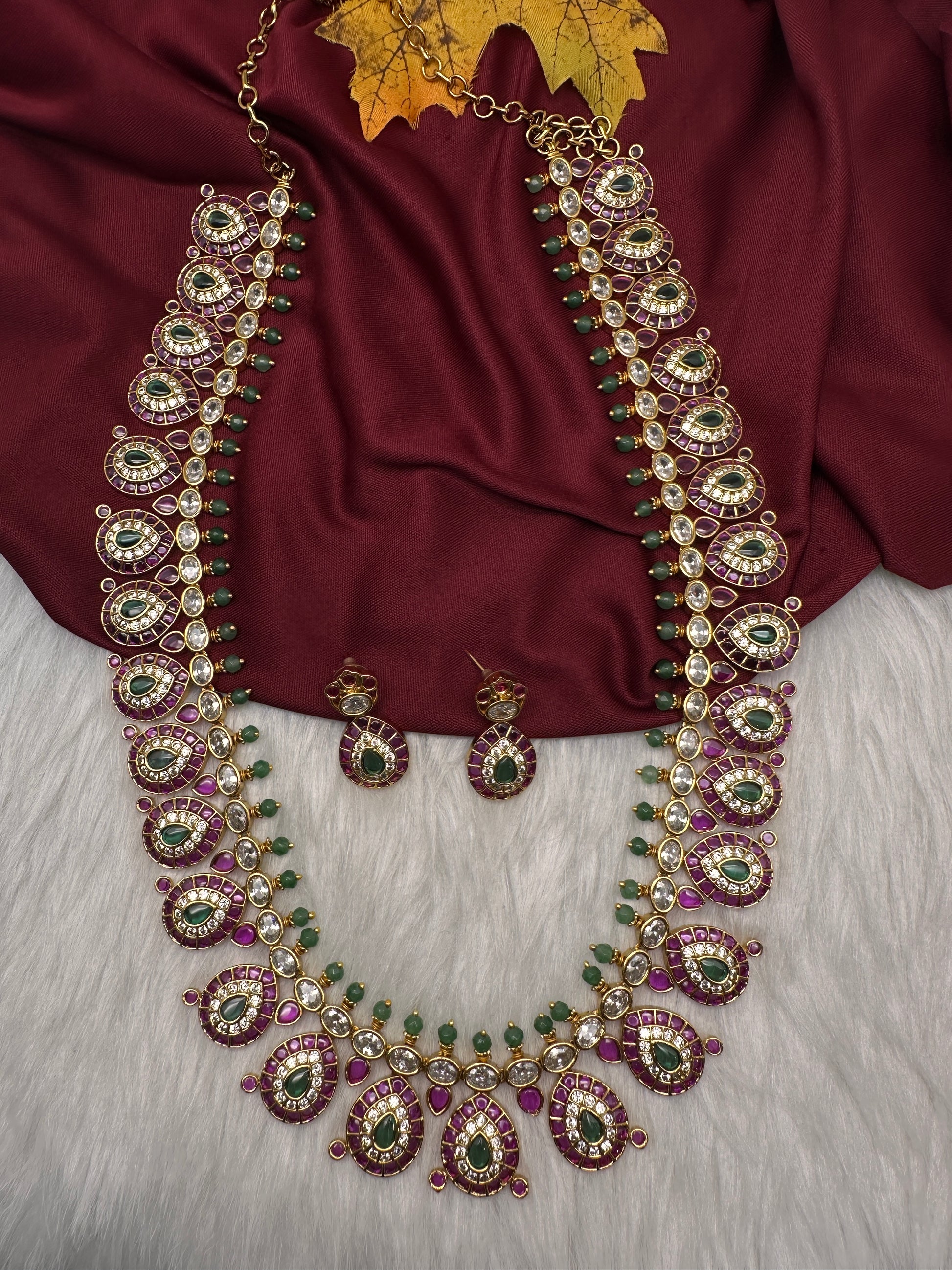 Matte Kempu Long Red Green Potta Stones Necklace - 