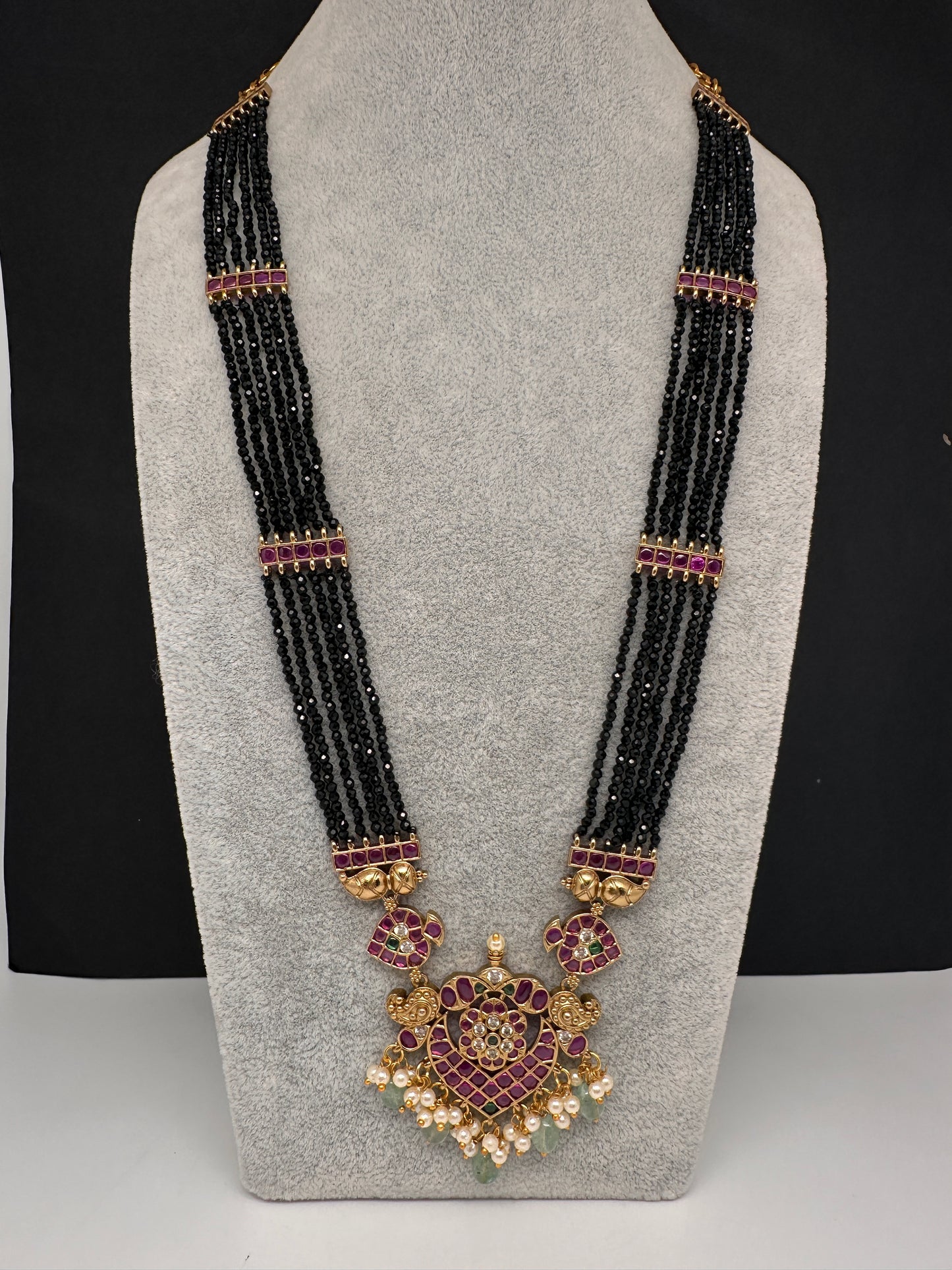 CZ Black Beads Ckempu Multi Layer Long  Necklace - MintGreen