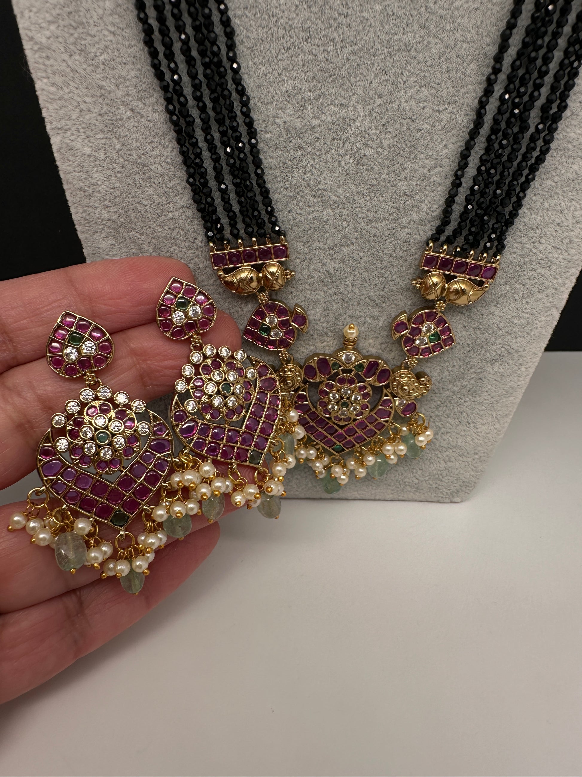 CZ Black Beads Ckempu Multi Layer Long  Necklace - MintGreen