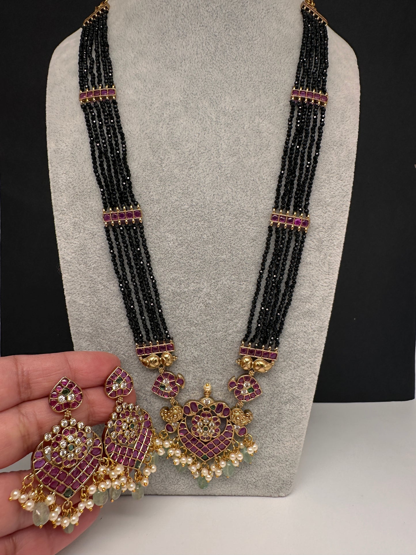 CZ Black Beads Ckempu Multi Layer Long  Necklace - MintGreen