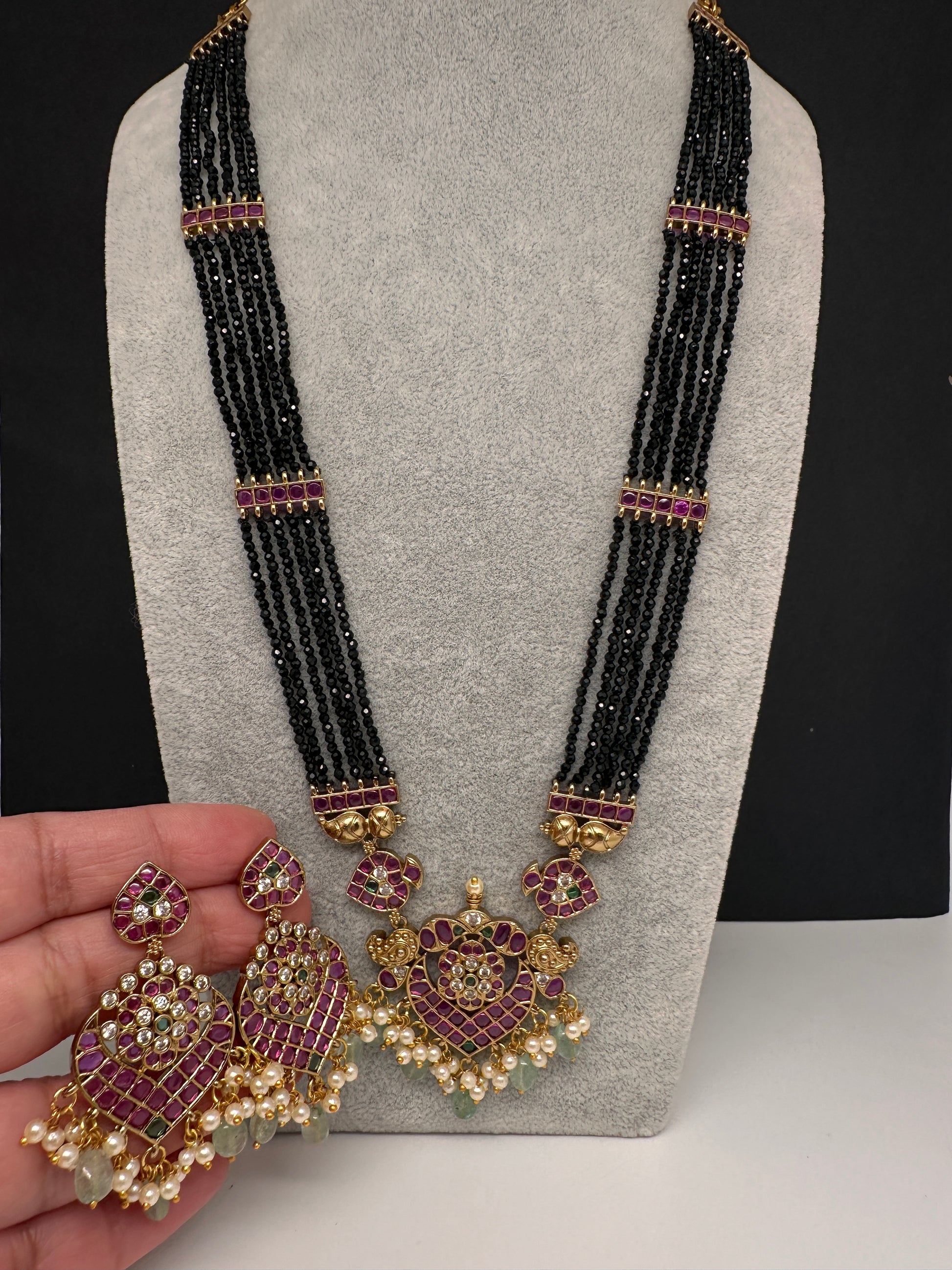 CZ Black Beads Ckempu Multi Layer Long  Necklace - MintGreen