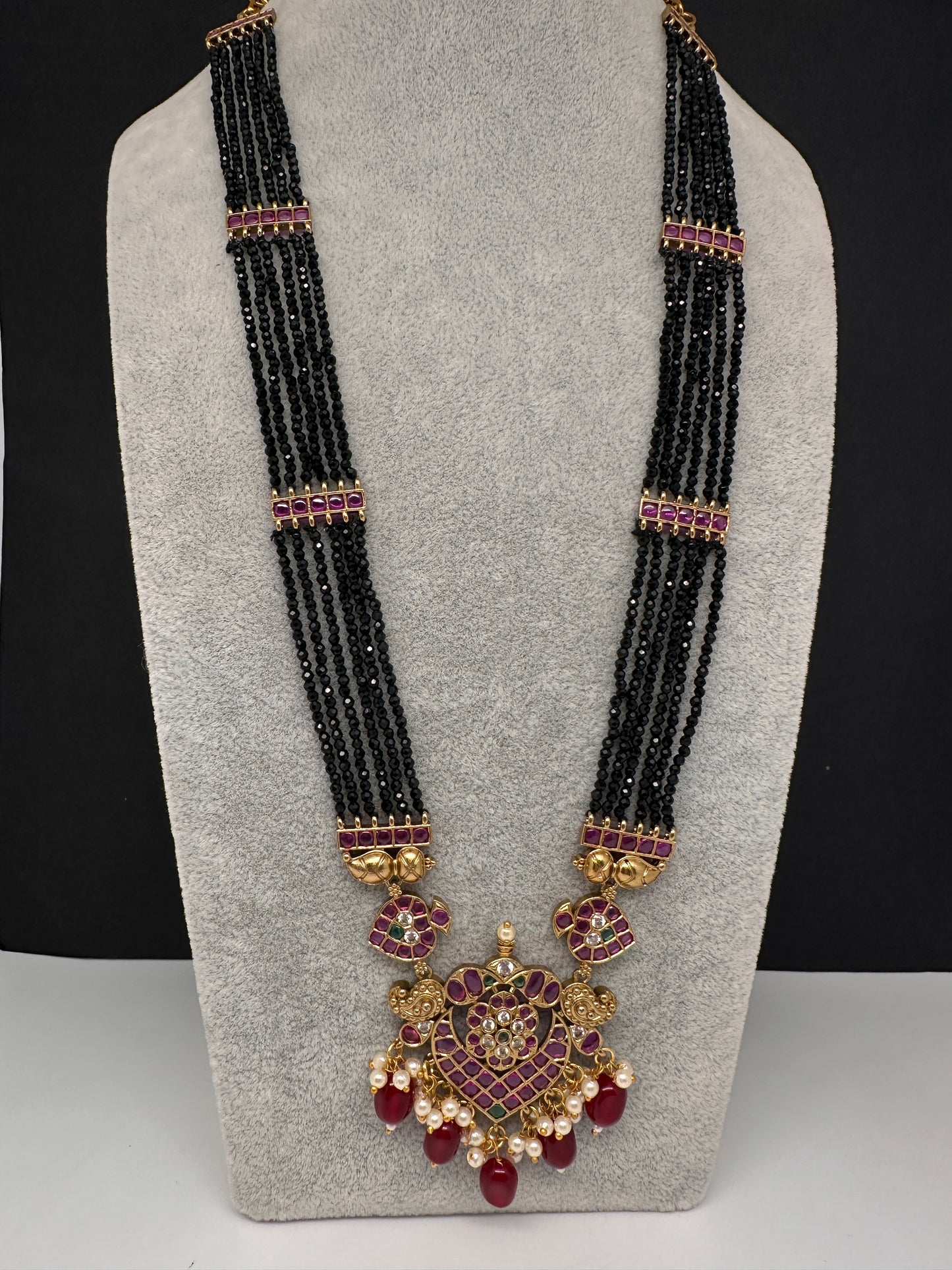 CZ Black Beads Ckempu Multi Layer Long  Necklace - Red