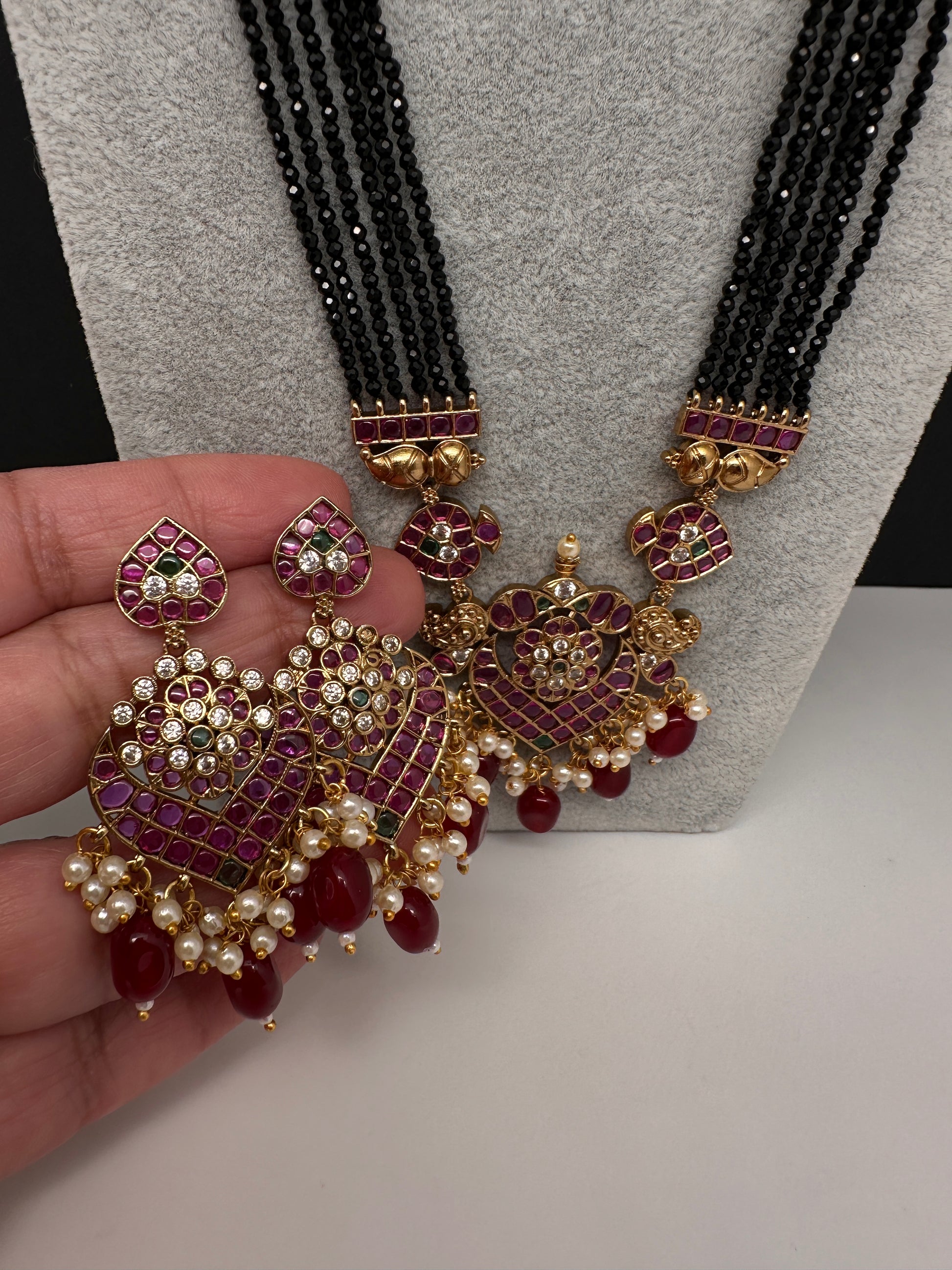CZ Black Beads Ckempu Multi Layer Long  Necklace - Red