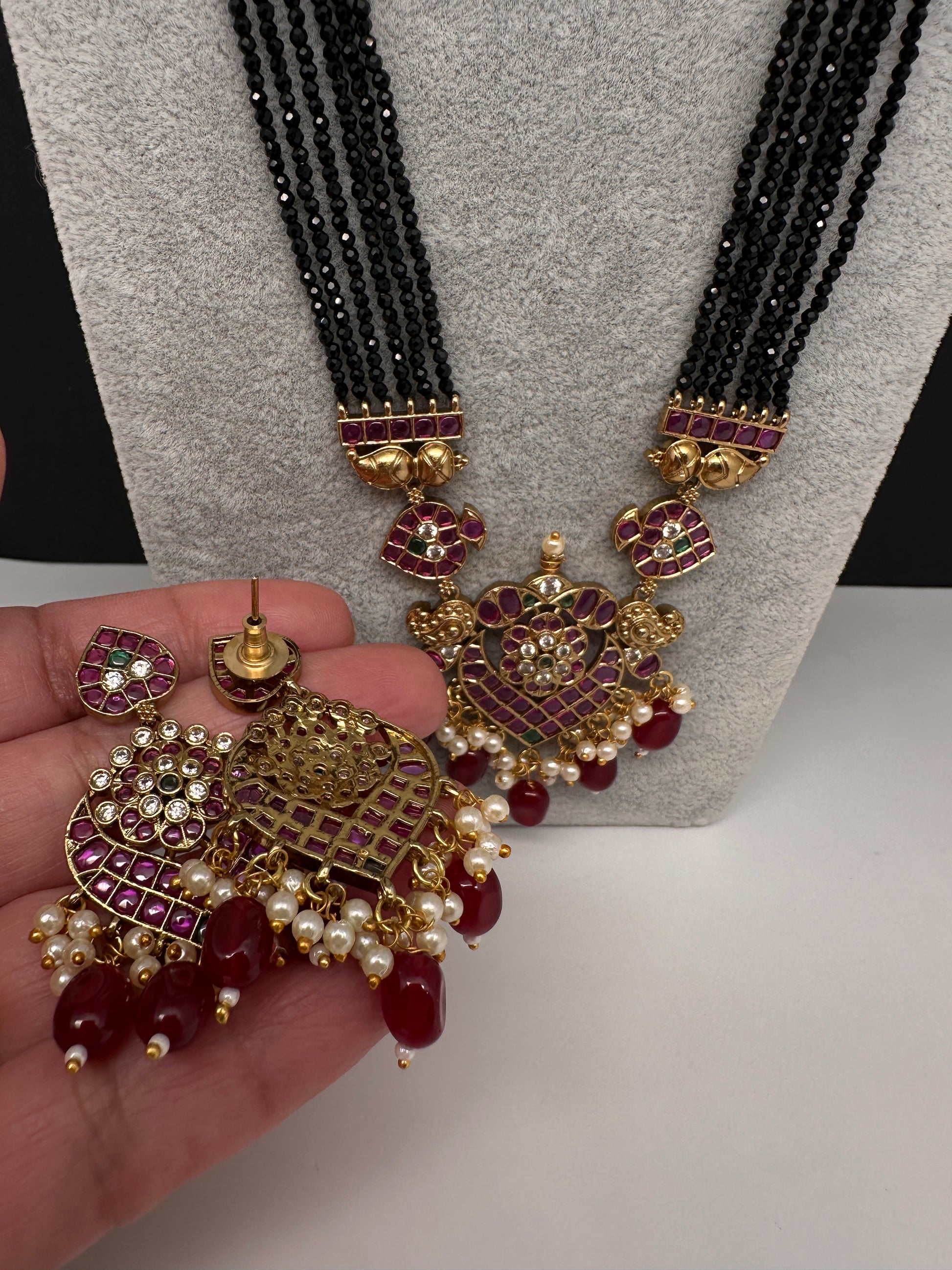 CZ Black Beads Ckempu Multi Layer Long  Necklace - Red