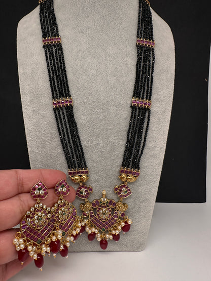 CZ Black Beads Ckempu Multi Layer Long  Necklace - Red