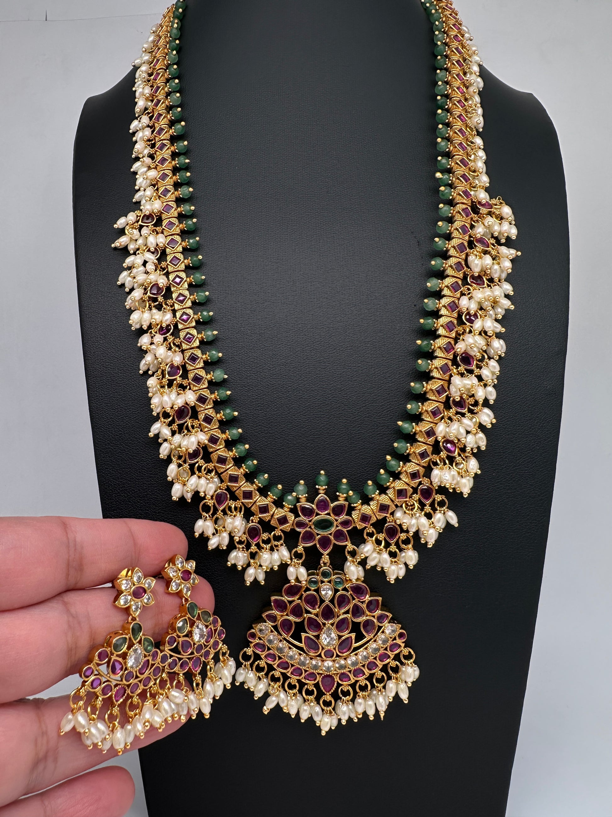 Rice Pearls Kempu Long Guttapusalu Necklace - 