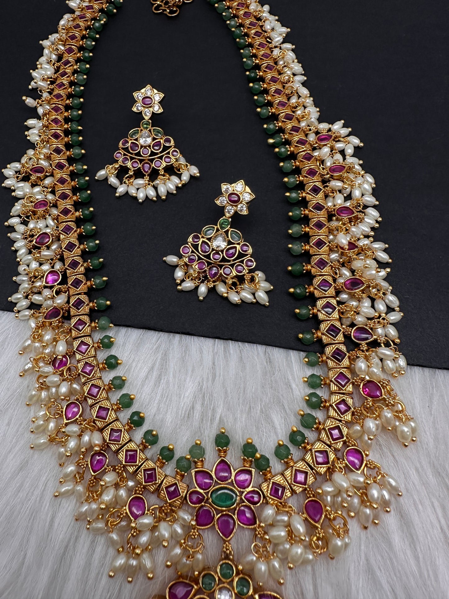 Rice Pearls Kempu Long Guttapusalu Necklace - 