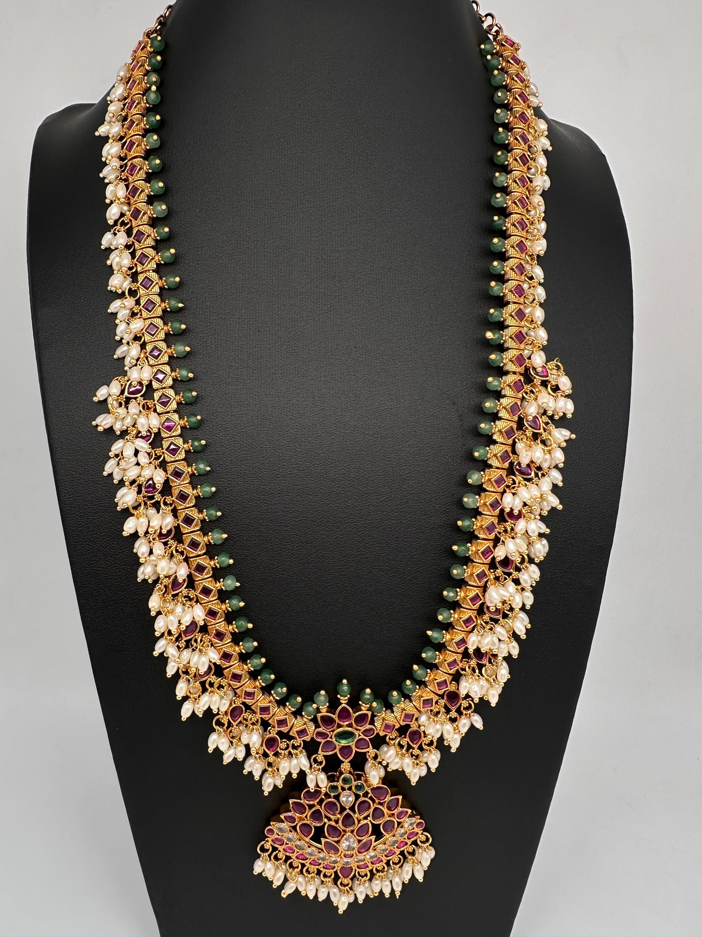 Rice Pearls Kempu Long Guttapusalu Necklace - 