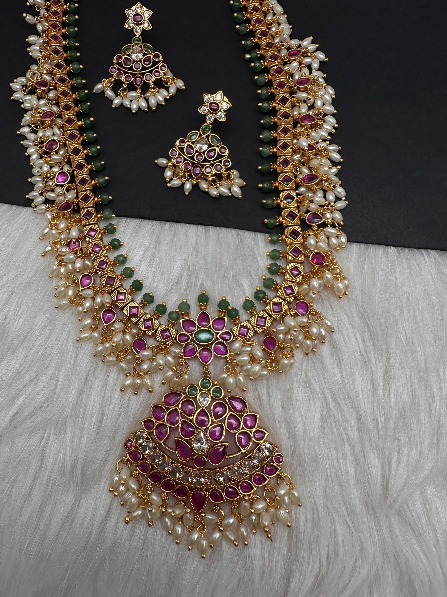 Rice Pearls Kempu Long Guttapusalu Necklace - 